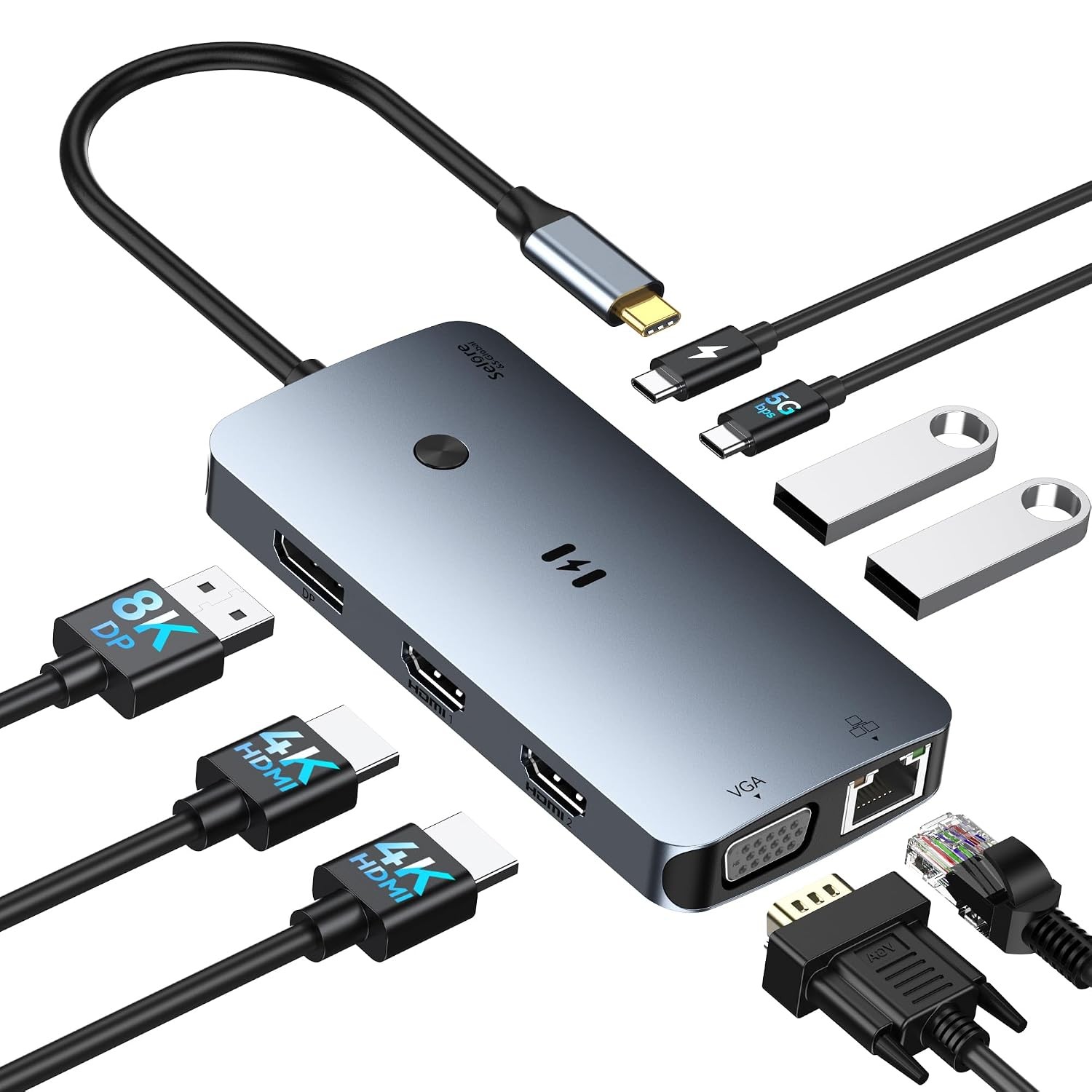 Dark Gray 9 in 1 USB C Laptop Dock Dual Monitor Triple Monitor Station