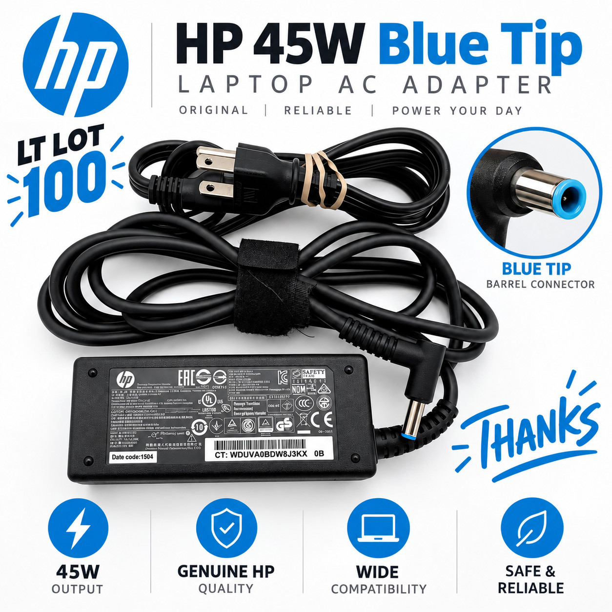 Lot 100 Genuine HP 45W 19.5V 2.31A Ac Adapter Power Supply Blue Small Tip
