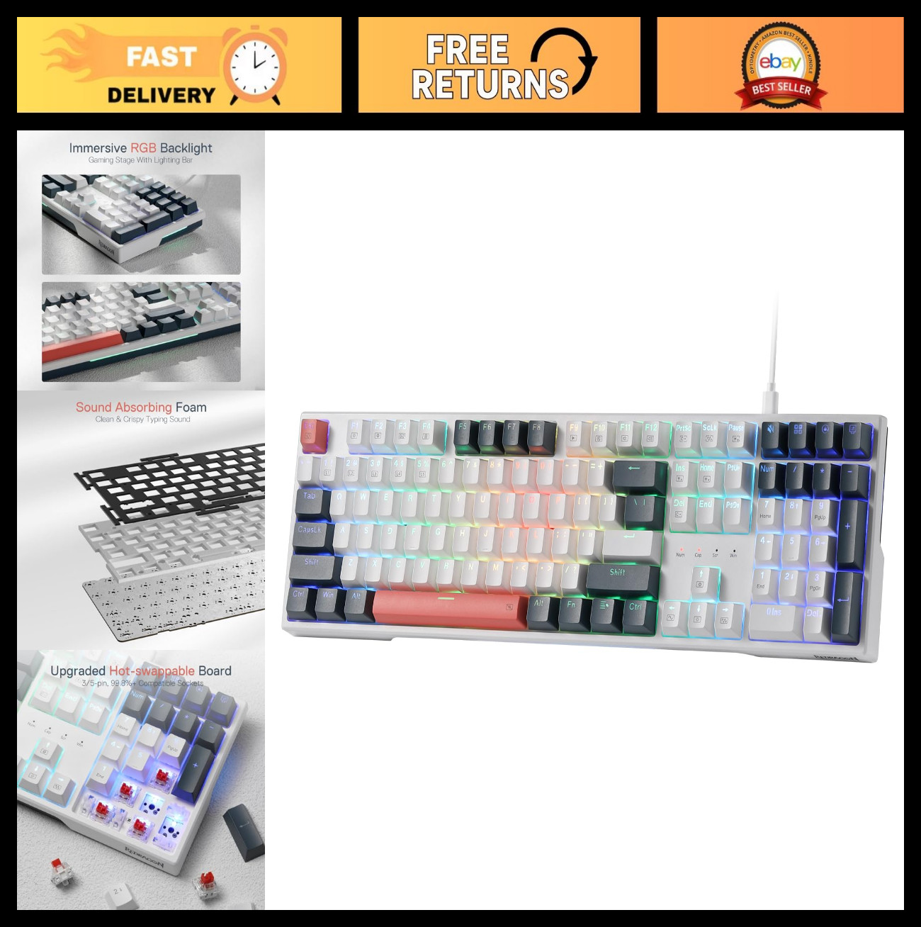 Wired RGB Gaming Keyboard 108-Key Hot-Swap, Extra 4 Programmable Hotkeys
