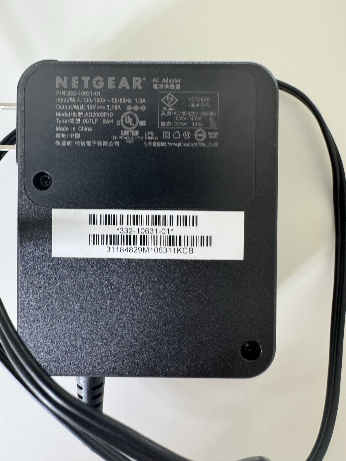 Netgear AD2003F10 19V 3.16A Power Supply AC Adapter-Part no: 332-10631-01
