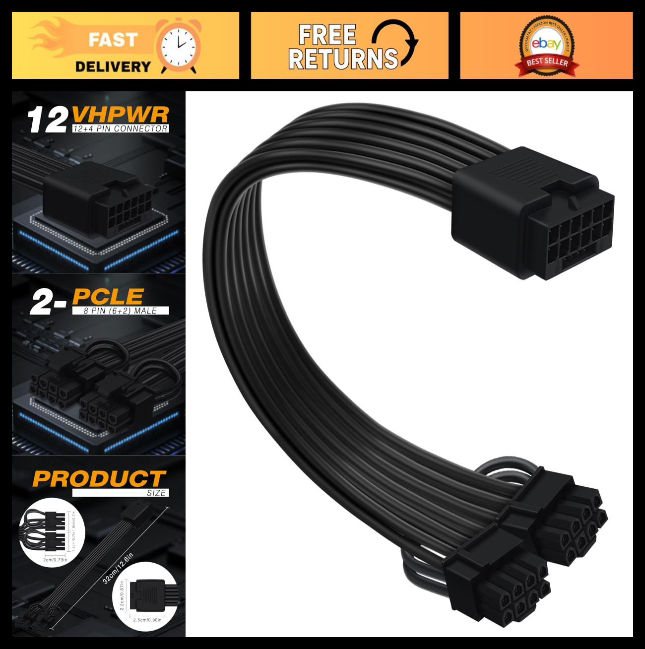 12V HPWR Cable Extension 16 Pin Female to Dual 8 Pin PCIe GPU Power Cable 30cm