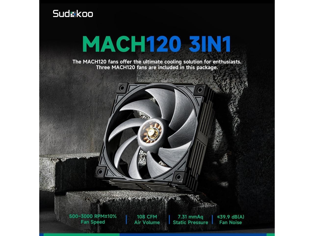 MACH120-3IN1 120mm Case Fan: 3 Pack PWM Quiet PC Fans with FOC Motor - 4 Sudokoo