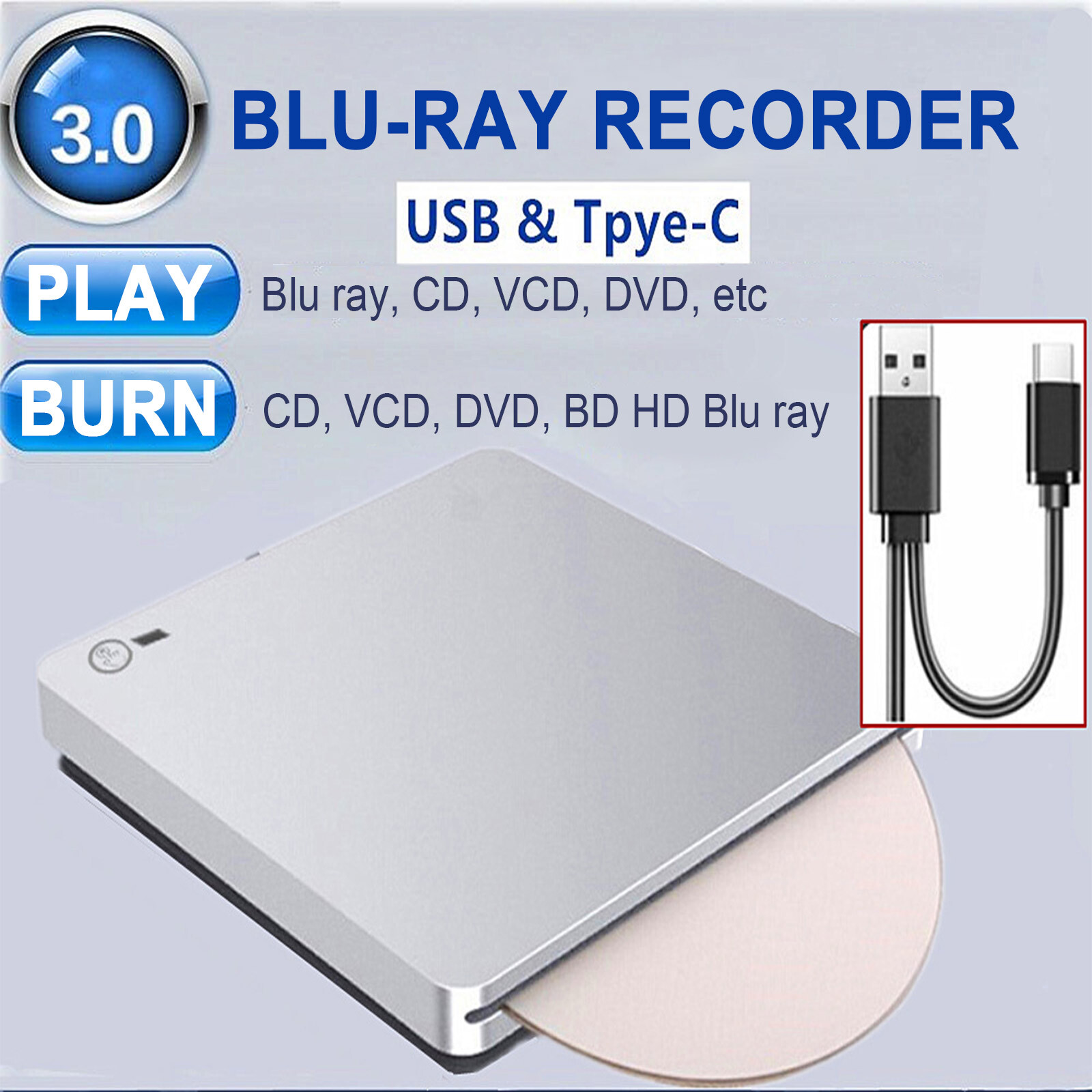 4K UHD Burner USB External Super Slim BD DVD CD RW Disc Writer Movie Player