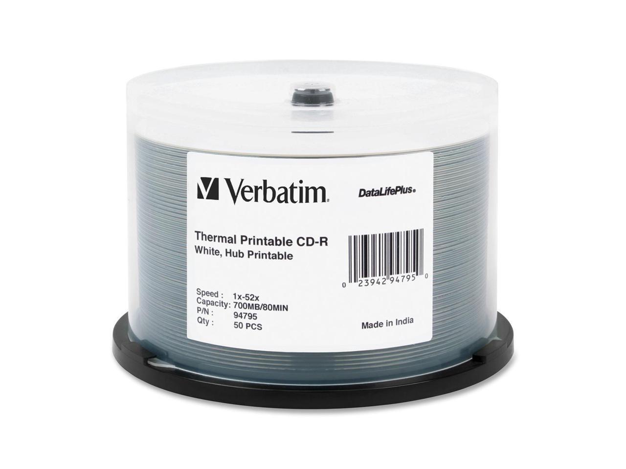 Verbatim 700MB 52X CD-R Thermal Printable,  Hub Printable 50 Packs 50Pkg DataLif