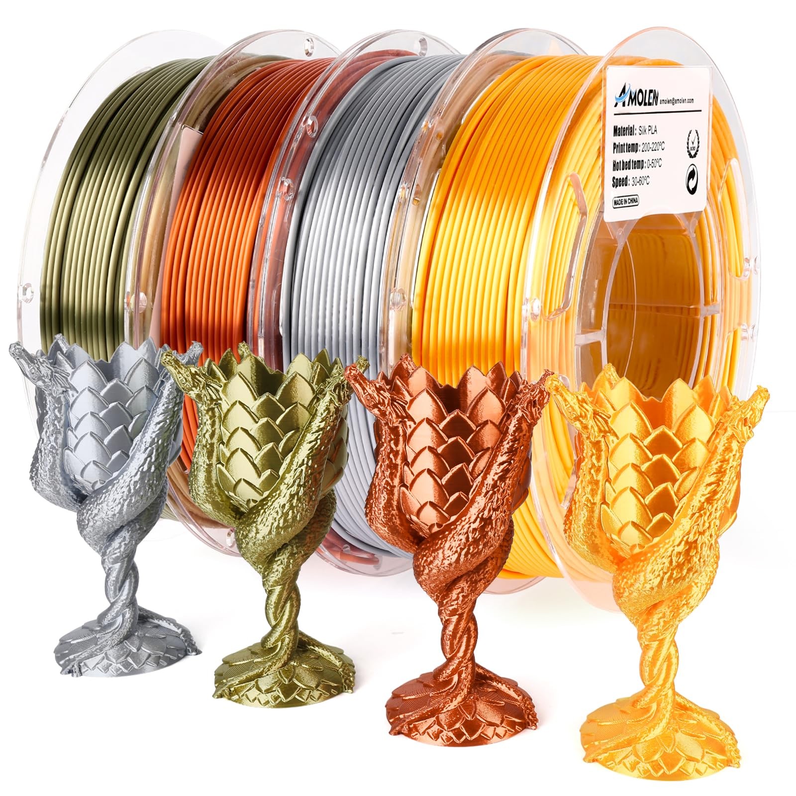PLA 3D Printer Filament Bundle 1.75mm Gold Silver Bronze Red Copper 200gX4Spools