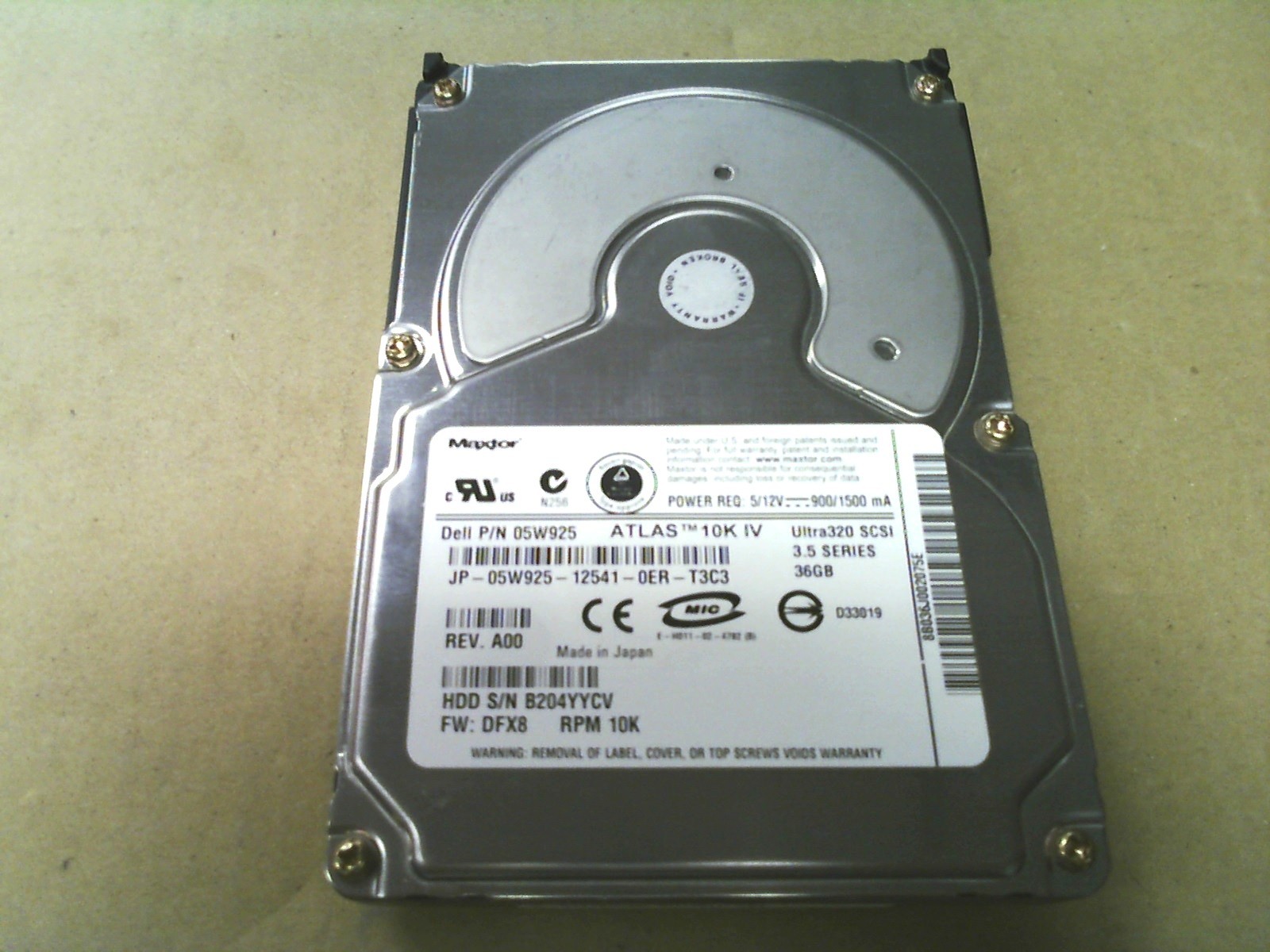 36GB U320 10K SCSI HDD DELL 5W925 Maxtor Atlas IV U320 80 Pin Hard Drive