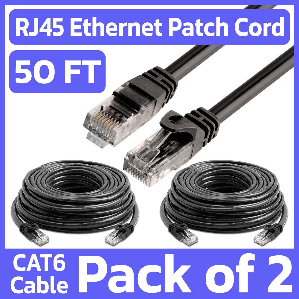 2 Pack 50 FT Cat6 Ethernet Patch Cord Black RJ45 LAN Network Cable Internet Cord