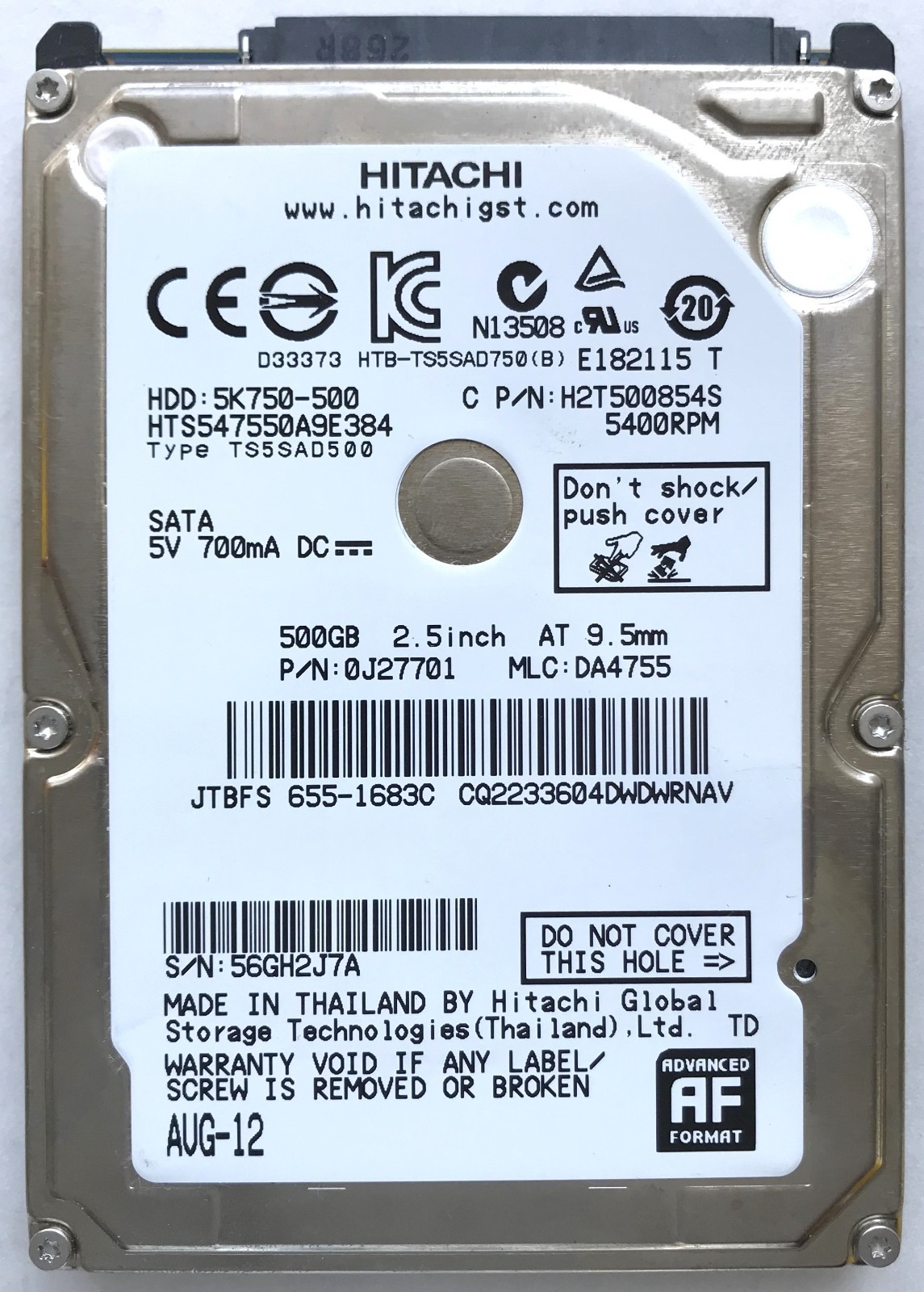 HITACHI 5K750-500 500GB 5400 RPM 2.5” SATA HDD HTS547550A9E384 P/N: 0J27701