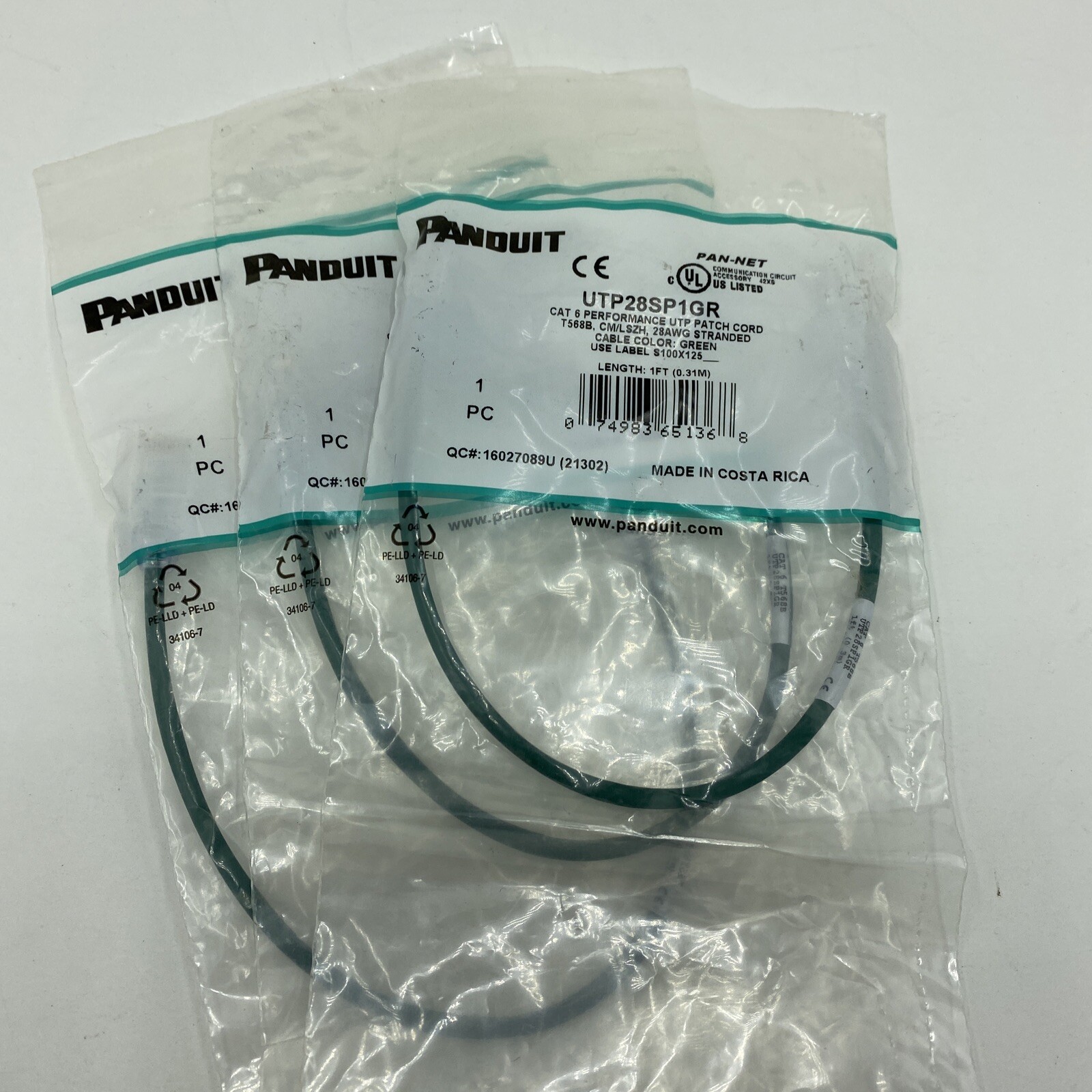 (3) Panduit Cat 6 28 AWG UTP Copper Patch Cord, 1 ft, Green UTP28SP1GR LOT of 3