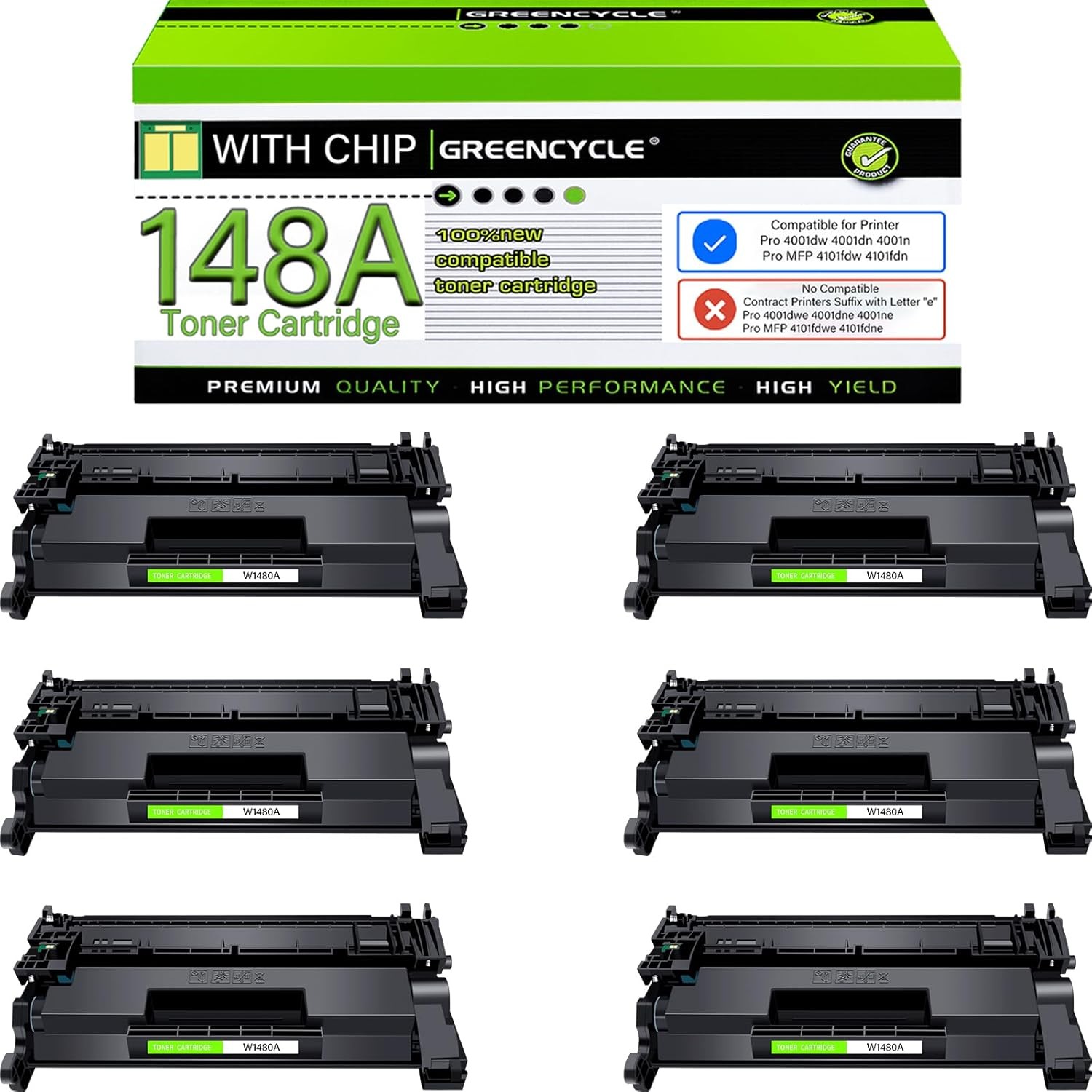 6PCS 148A W1480A Toner with Chip for HP LaserJet Pro 4001dw 4001n MFP 4101fdn