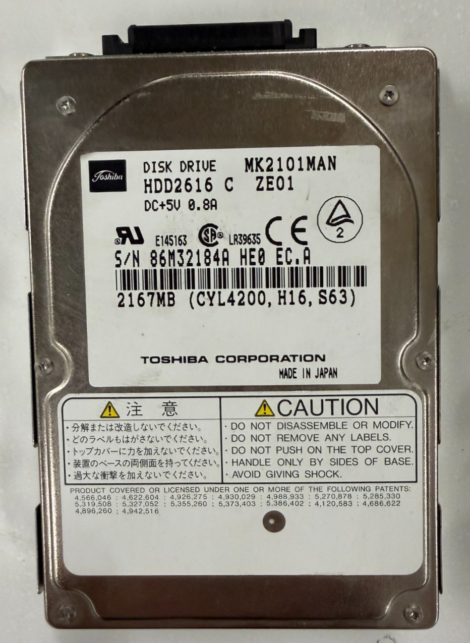 Vintage Toshiba MK2101MAN HDD2616 G ZE01 2.1GB IDE Hard Drive 2.5"