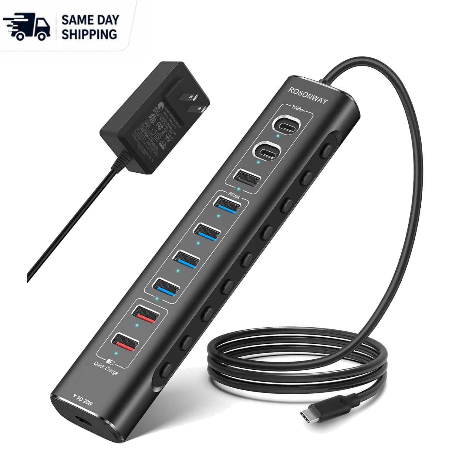 Elegant Aluminum USB Hub Splitter - 10 Ports for Rapid Data Transfer & Charging