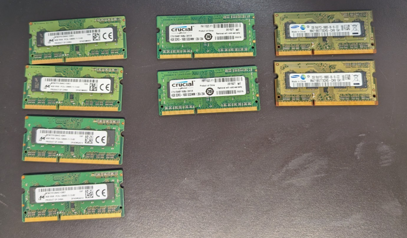 Small lot of various SODIMM; 4x4GB Micron; 2x2GB Samsung; 2x4GB Crucial