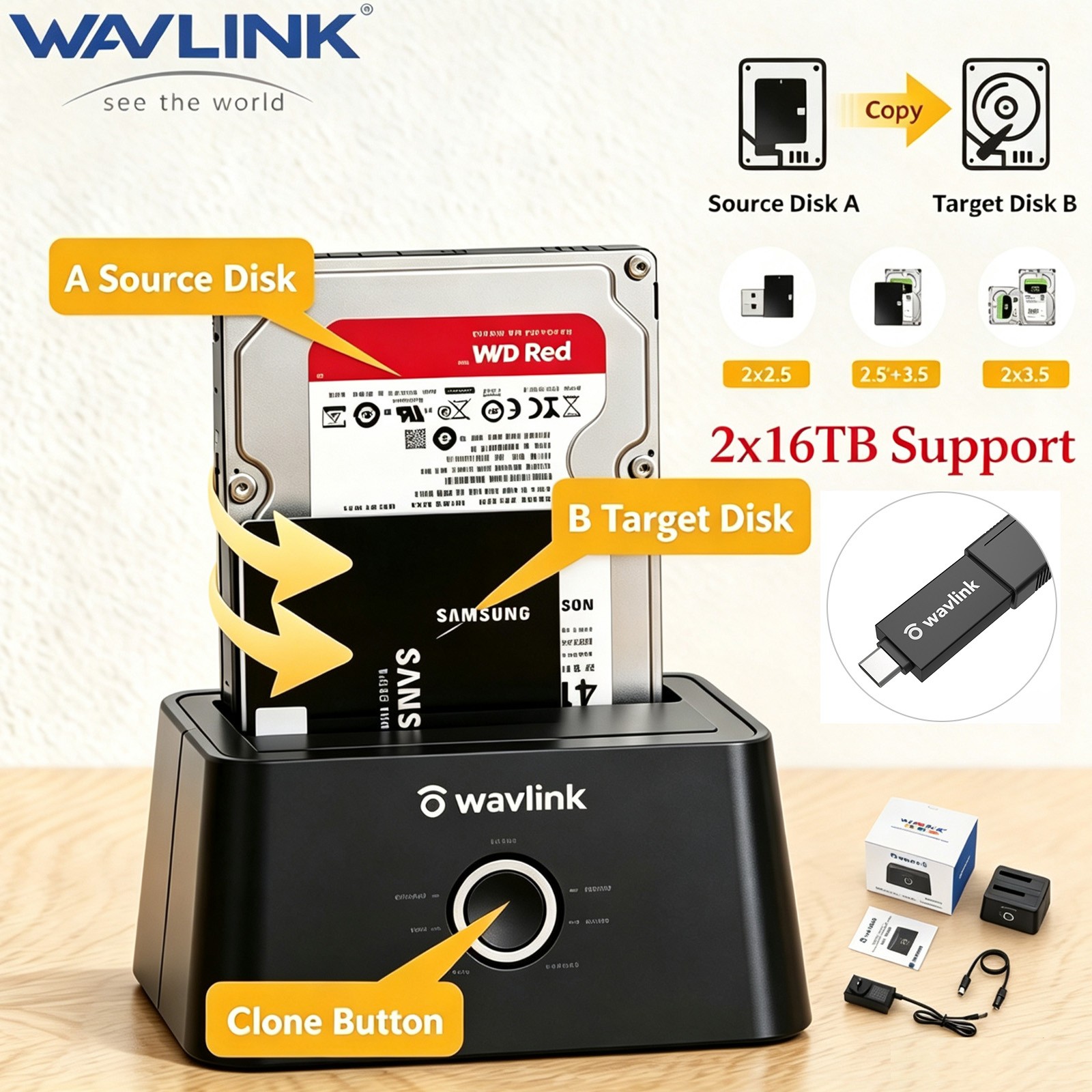 Wavlink HDD SSD Hard Drive Docking Station External Dual Bay Dock 2.5/3.5 Sata