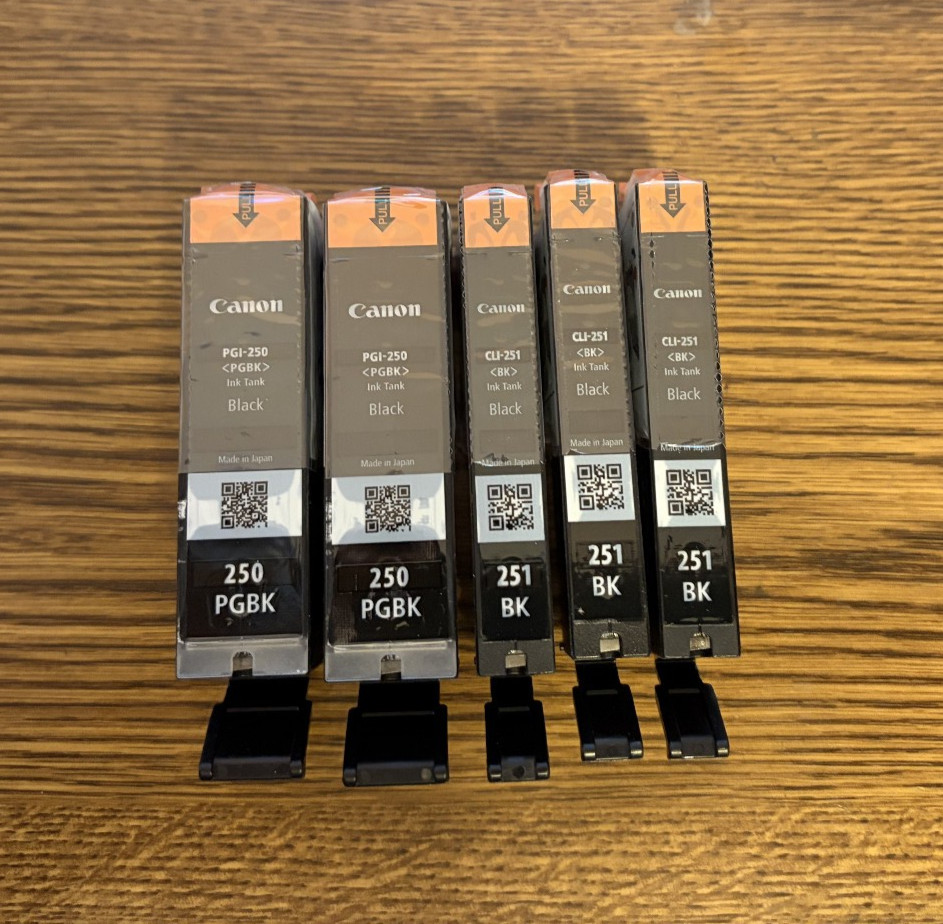 Authentic Canon 2 -PGI-250 Black & 3 -CLI-251 Black Ink 5 Pack