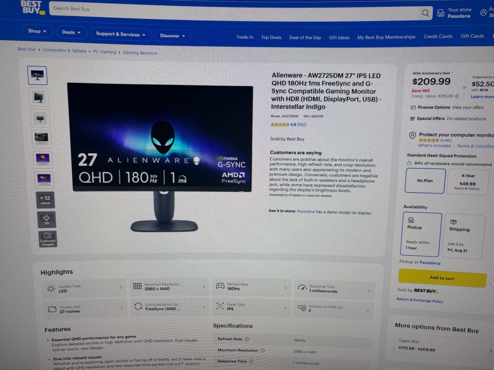 Alienware 27 in curved gaming monitor