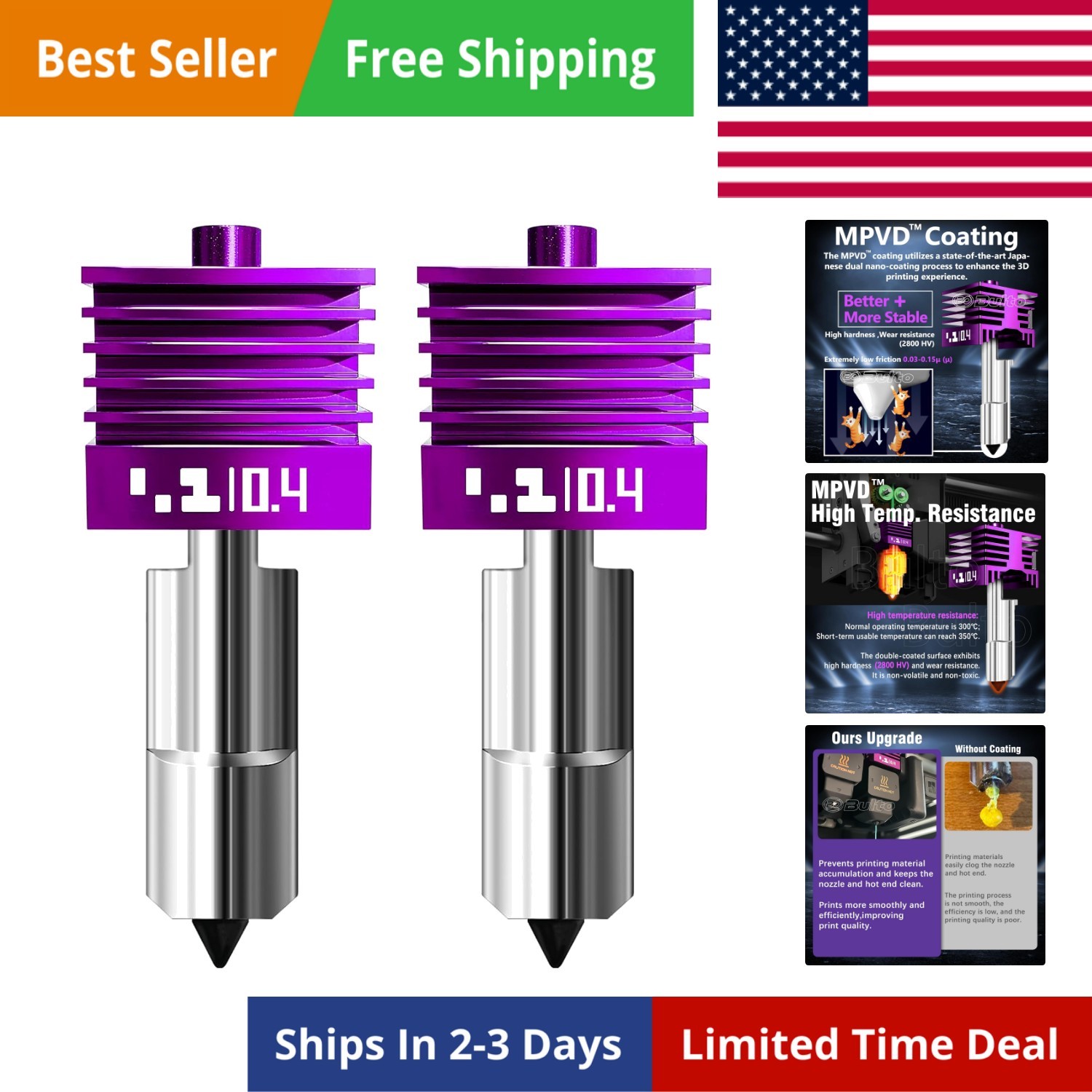 2 Pcs Upgraded 0.4mm H2D/H2S/H2C/X2D/P2S Hotend with Anti-Stick MPVD Coating ...