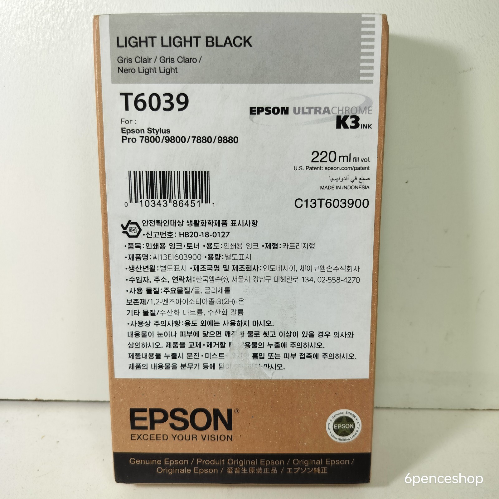 Exp. 08/2027 Epson T6039 Light Light Black Ink Cartridge 220ml C13T603900