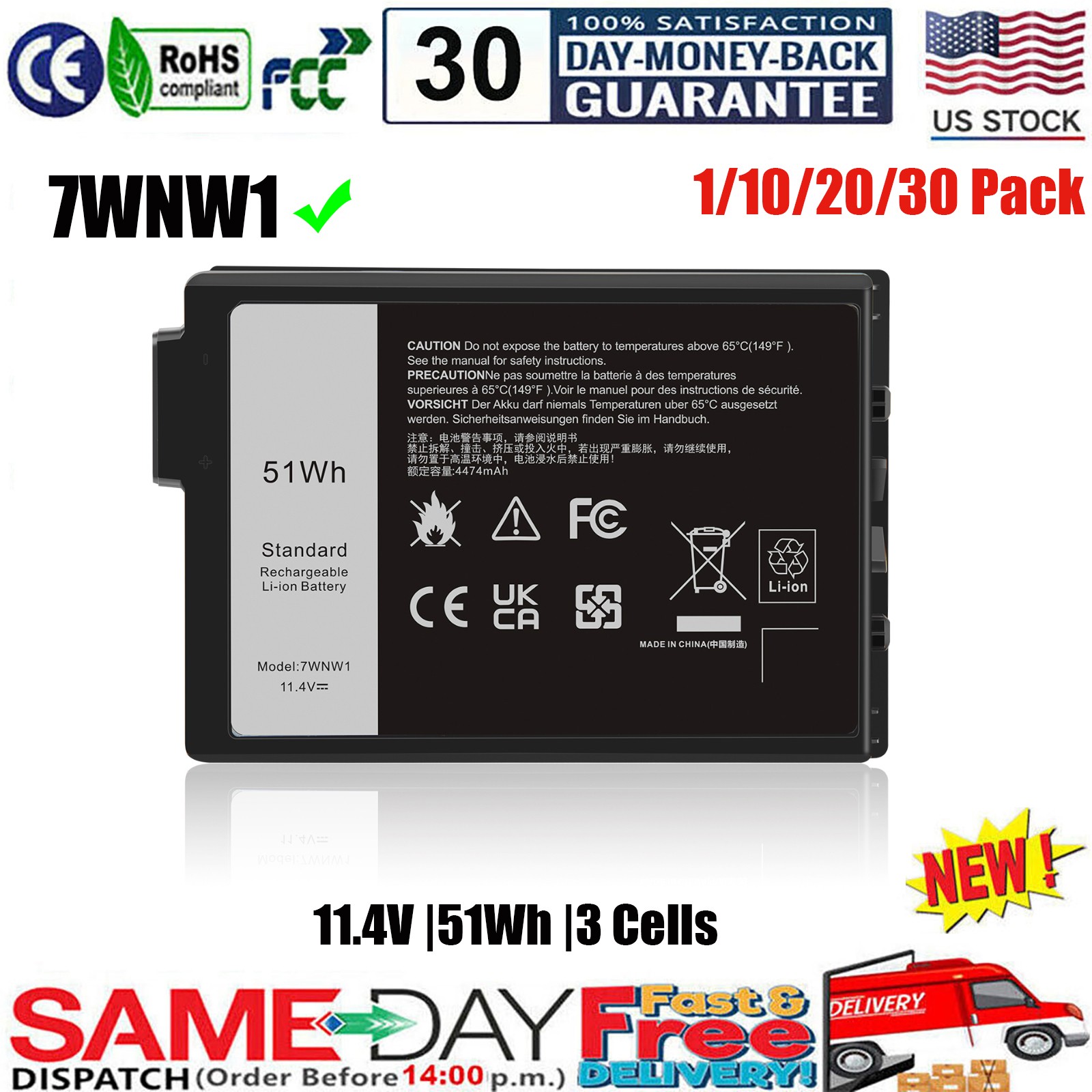 ✅LOT 7WNW1 Battery For Dell Latitude 5420 5424 7424 Rugged Extreme GK3D3 DMF8C