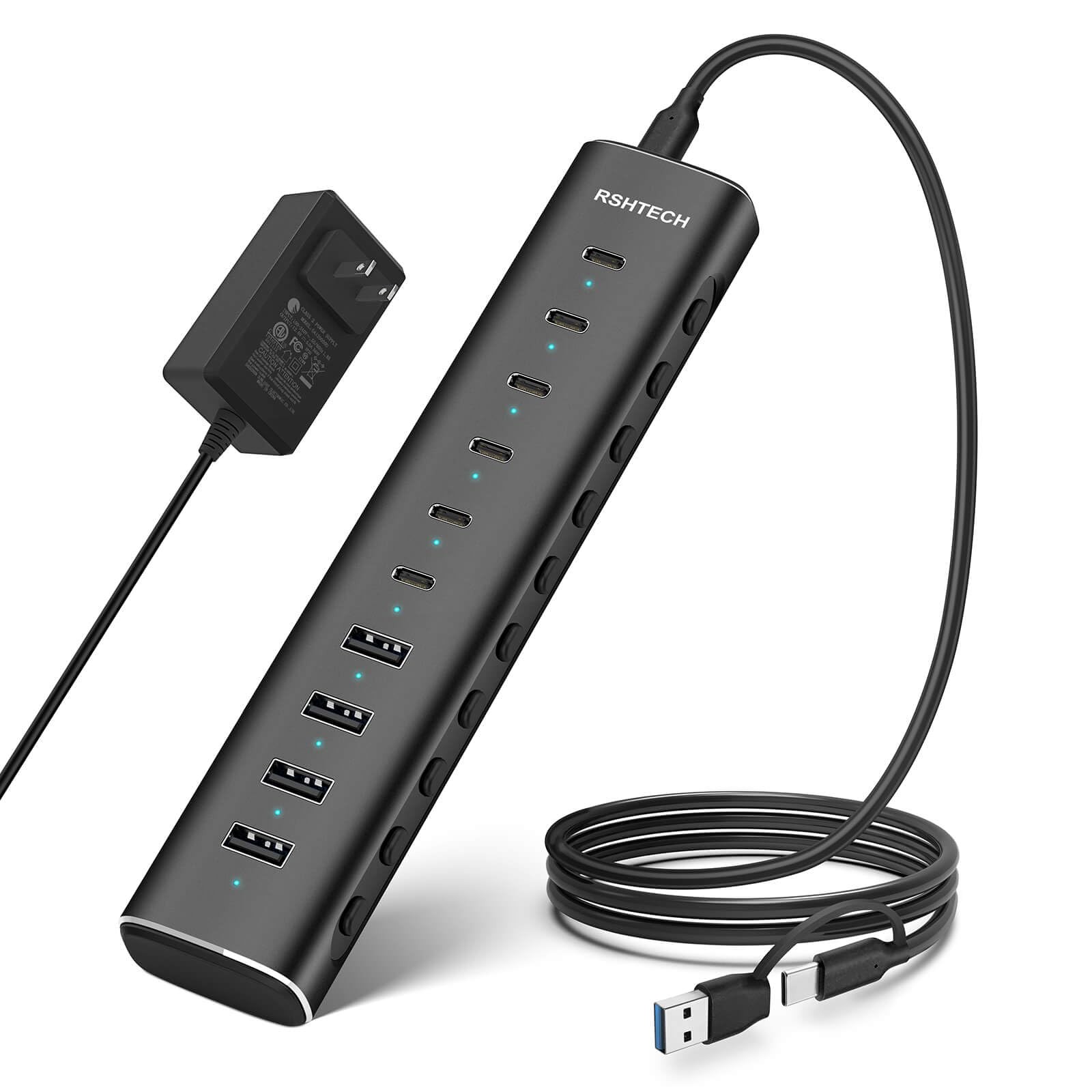 RSHTECH 10-Port Powered USB C 3.2 Hub 60W with 10Gbps 10-Port, Black