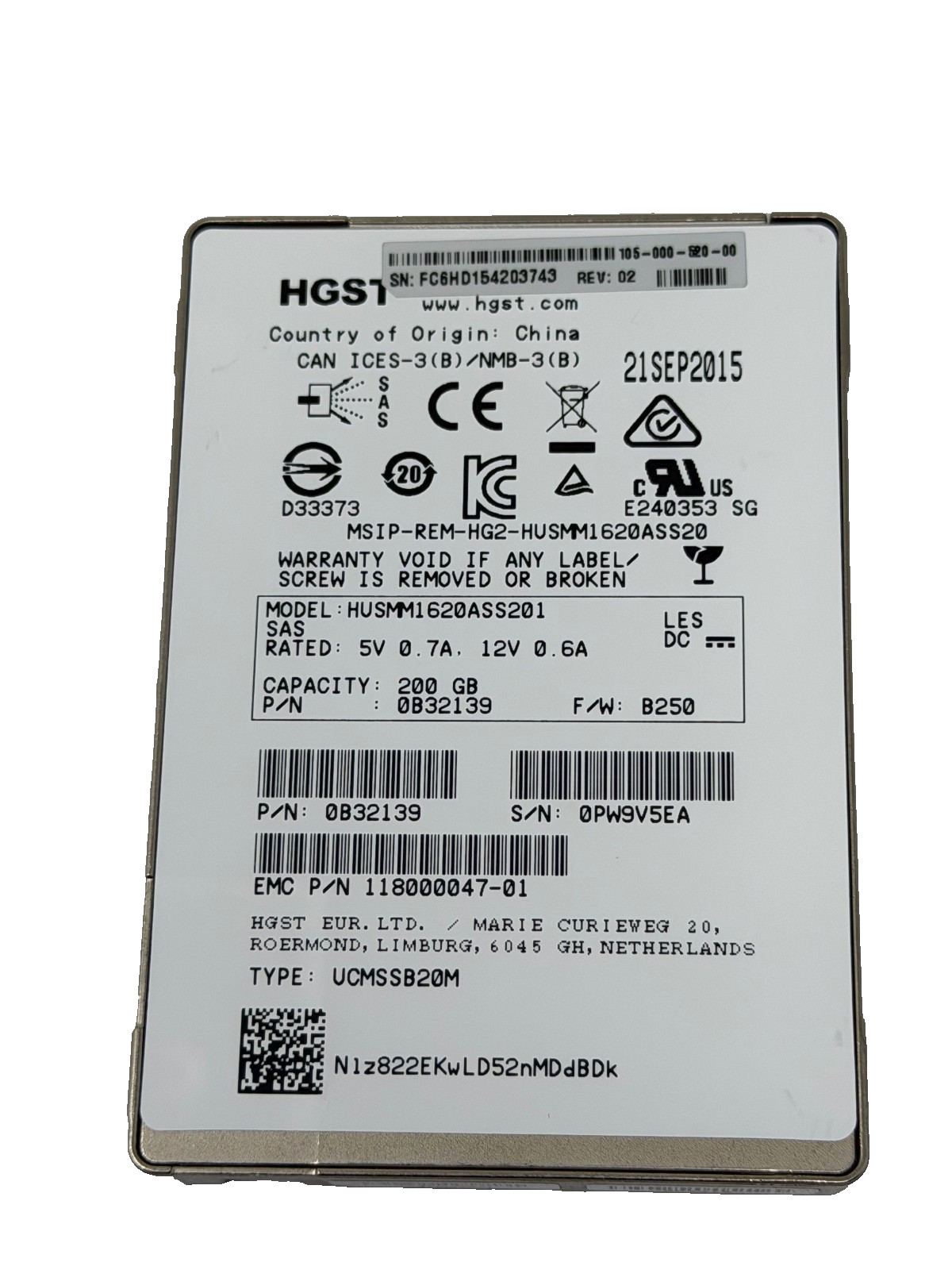 HGST  HUSMM1620ASS201 200GB 2.5" 6Gb/s SAS SSD     *99% Health*