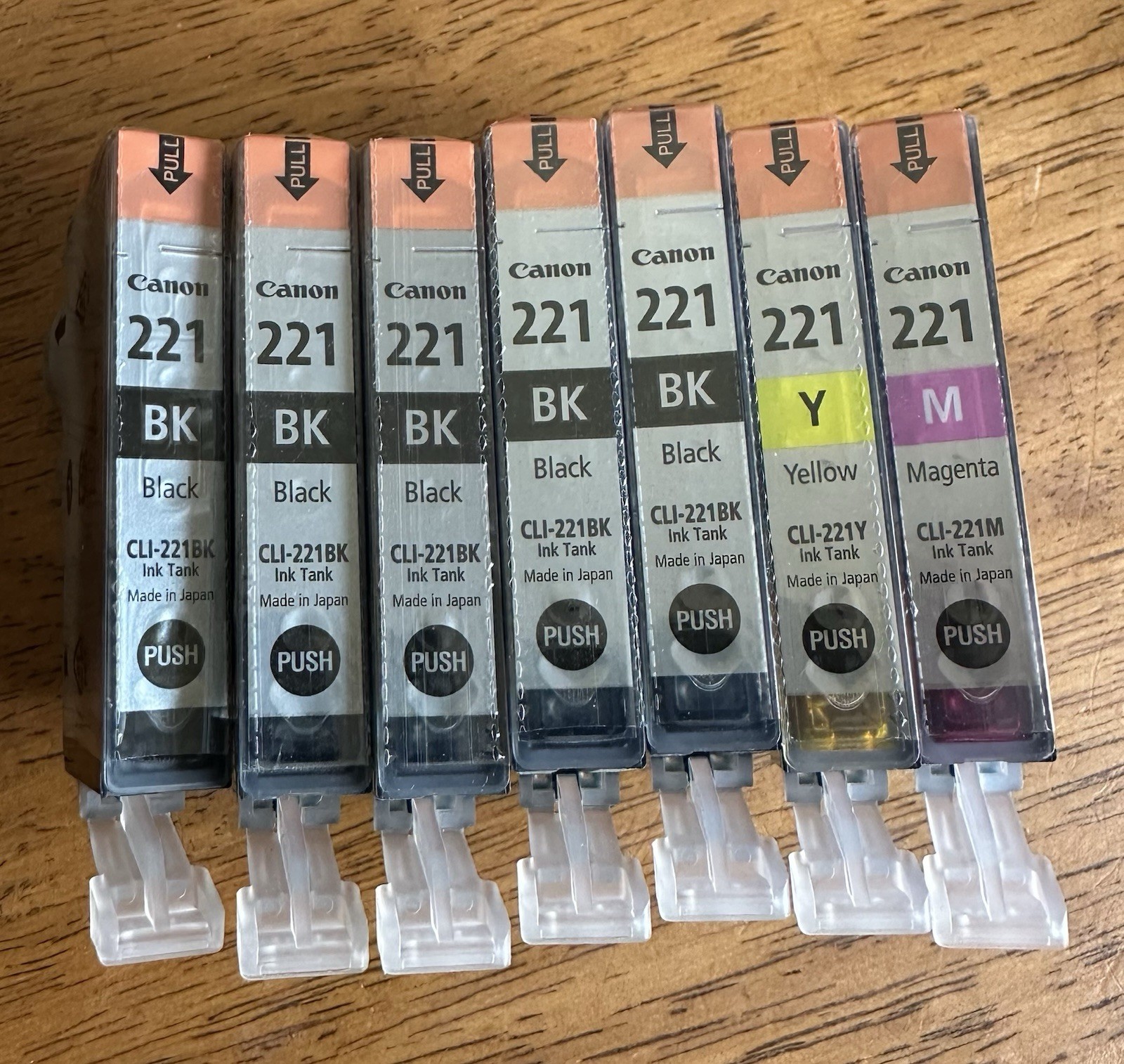 7 Genuine Canon 221 Ink Cartridges (1)Magenta (1)Yellow (5)Black Open Box Sealed