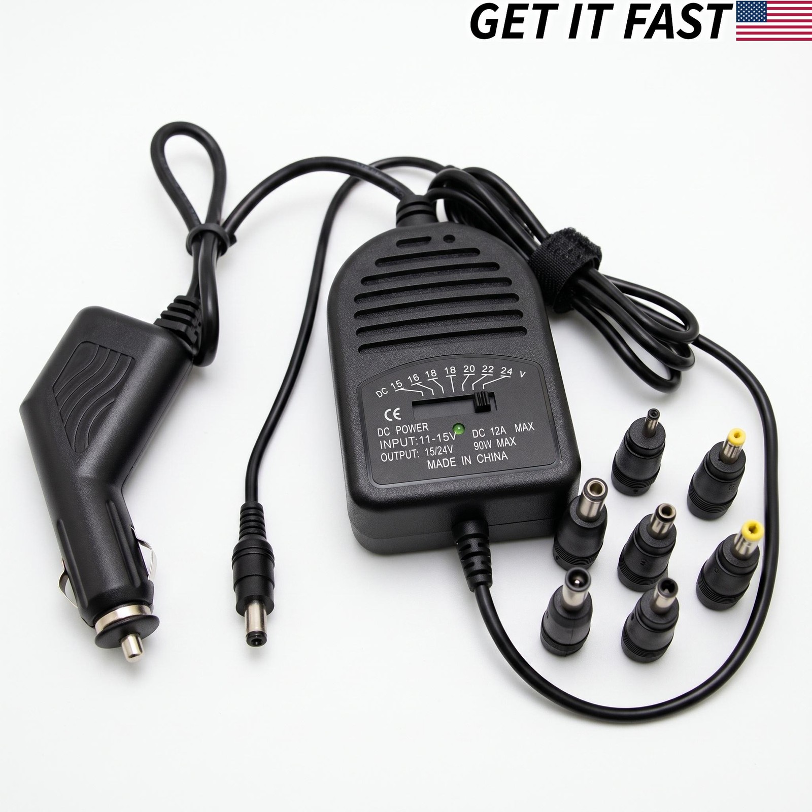 Universal 90W Car Laptop Charger 15V-24V Adjustable DC Adapter Multi Tip