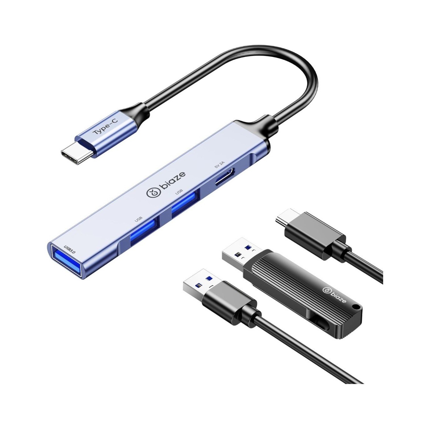 Biaze USB-C Hub 3-Port USB 3.0 Adapter Aluminum Alloy Blue HW-HUB78