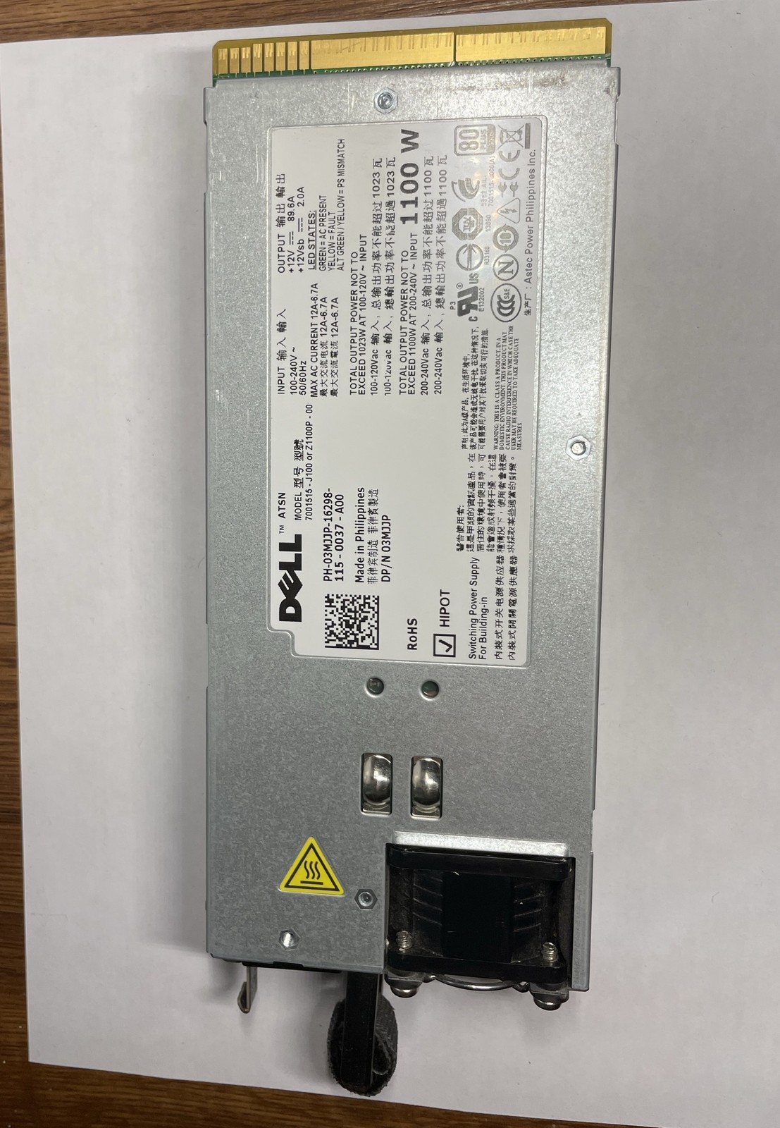 Lot of 2 Dell 1100W 80 PLUS Platinum Server PSU 03MJJP Z1100P-00 R810 R815