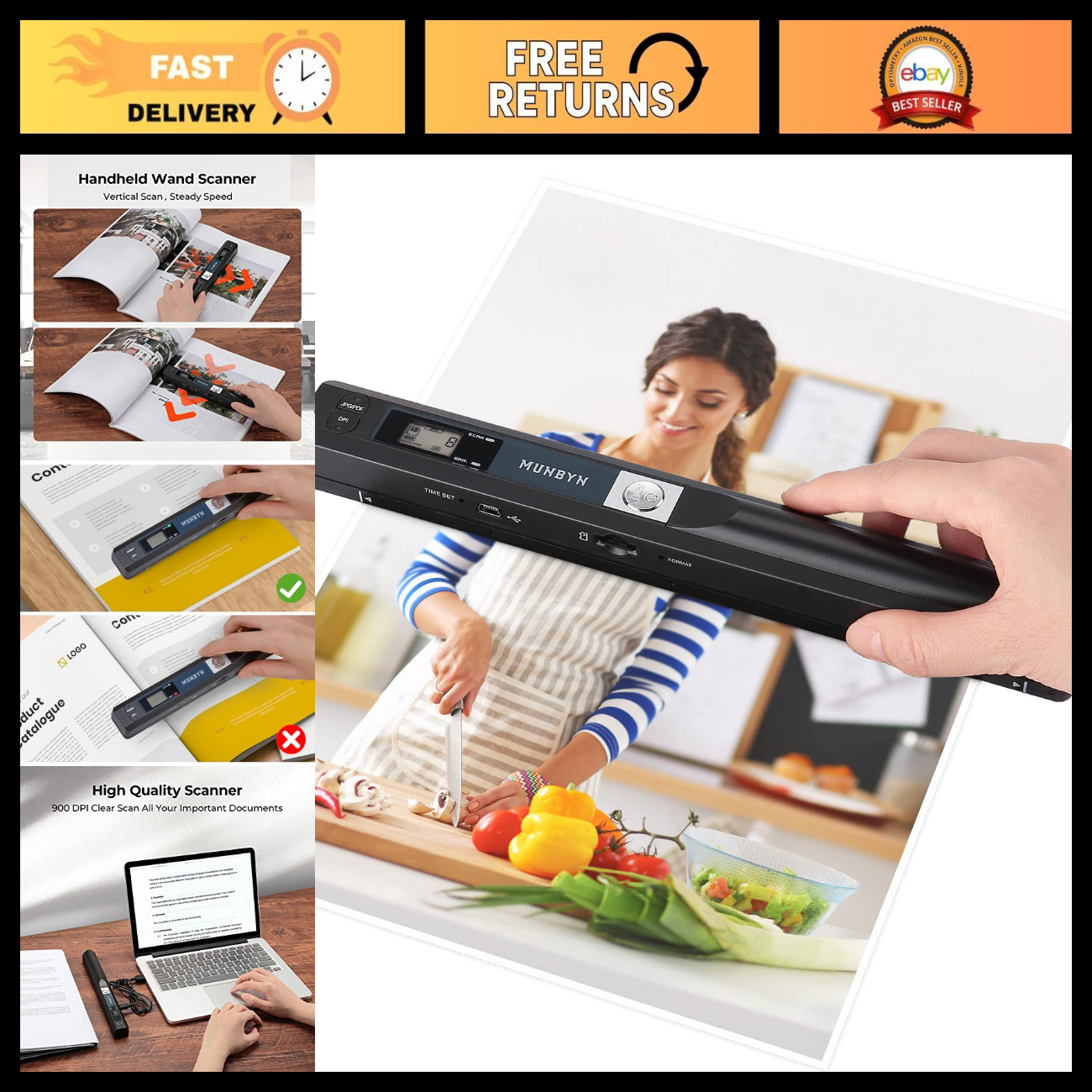 Portable Handheld Scanner 900 DPI, A4 Size, 16GB SD Card, Compact & Lightweight