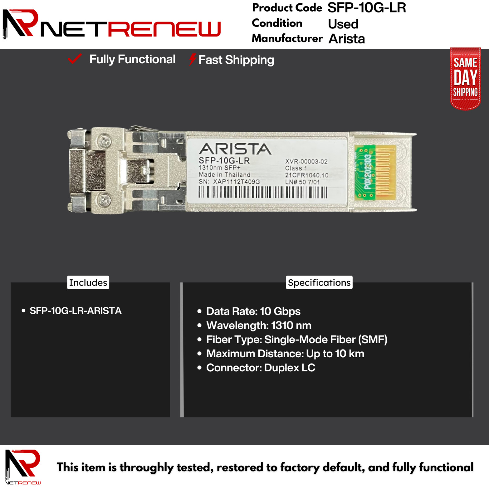 Genuine ARISTA SFP-10G-LR  Transceiver  10GBASE-LR  XVR-10003-02