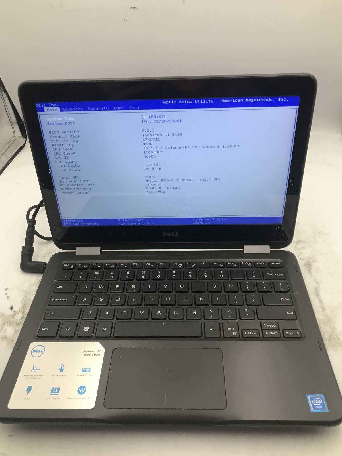 DELL INSPIRON 11 3168 - BOOTS TO BIOS - INTEL CELERON N3060 - 2GB RAM - READ -BB