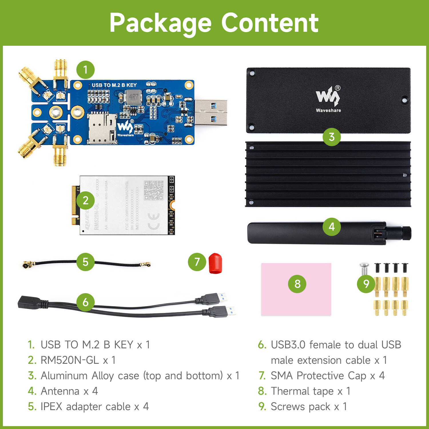 Waveshare 5G DONGLE Module, Quad Antennas USB3.1 Port Aluminum Alloy Heatsink