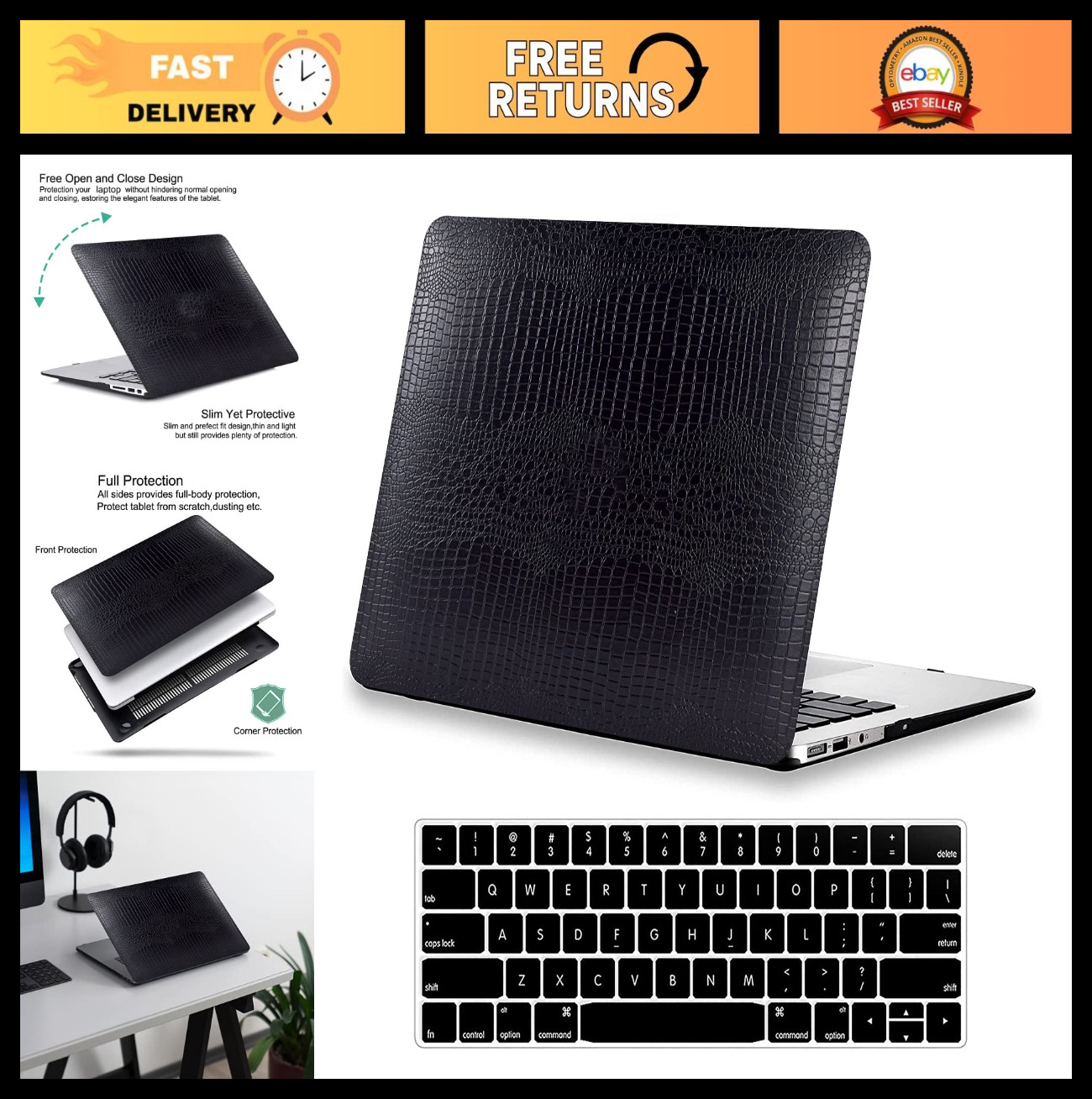 Crocodile Texture MacBook Pro 13" Case M2/M1 (2016-2026) - Durable Black Cover