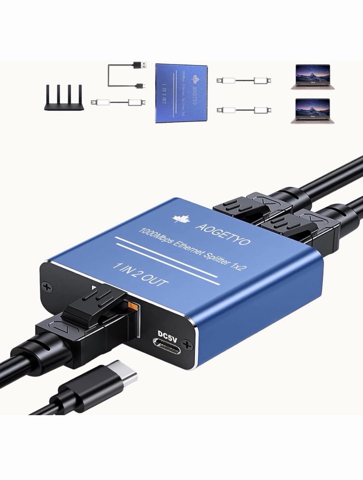 AOGETYO 1000Mbps Ethernet Splitter 1 IN 2 OUT Gigabit Adapter CAT5-8