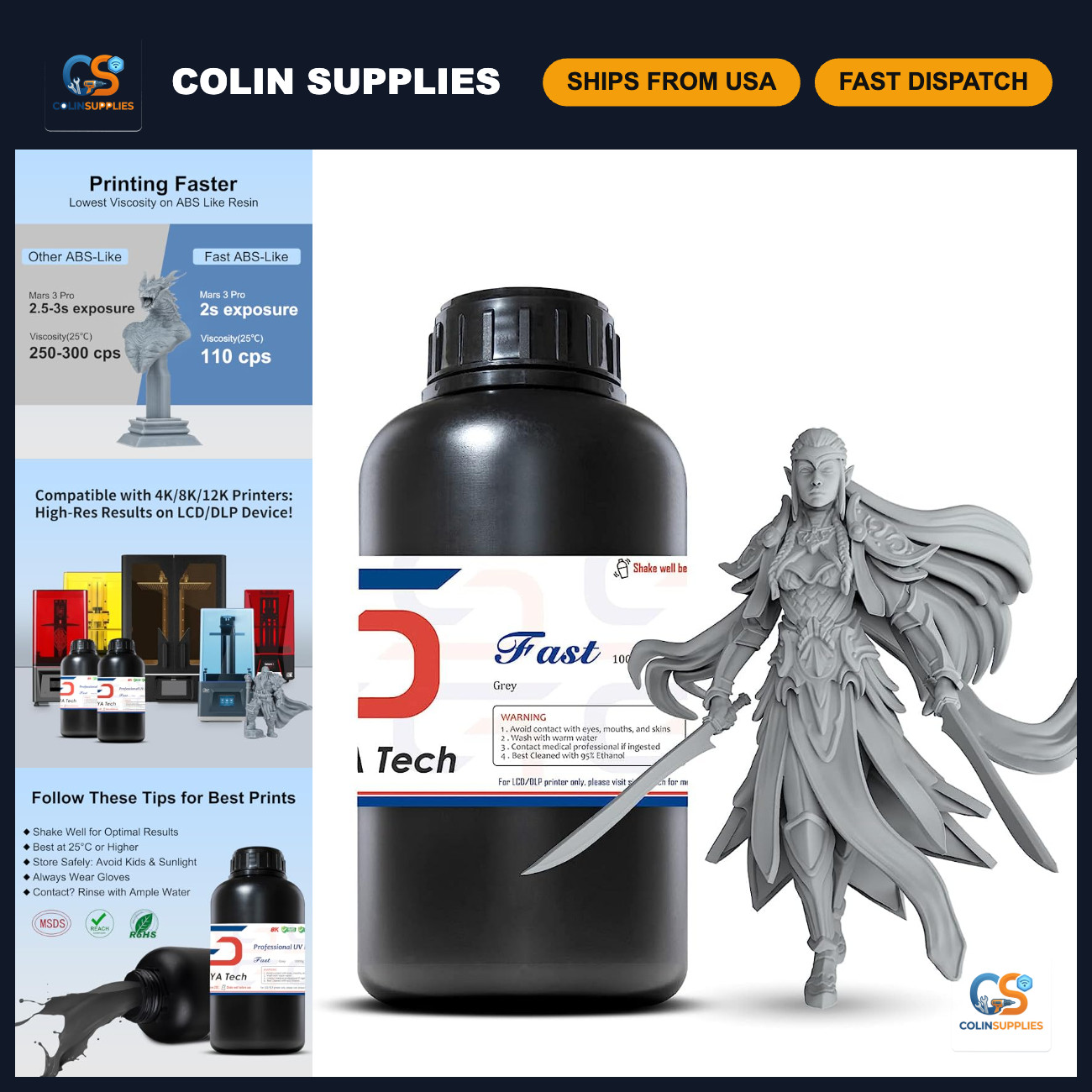 Fast ABS-Like 3D Printer Resin, Non-Brittle, Grey, 1kg - High-Quality Printing M