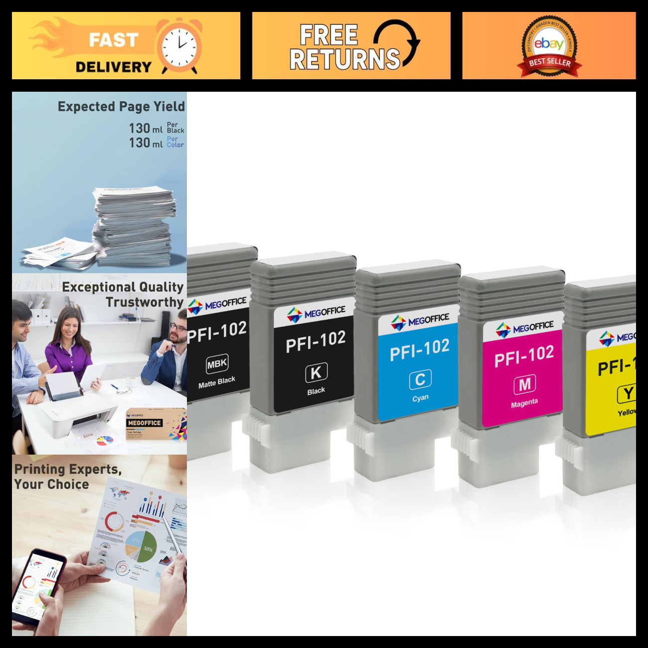 High-Quality Ink Cartridge Set - PFI-102MBK, PFI-102Y, PFI-102BK, PFI-102C, PFI-