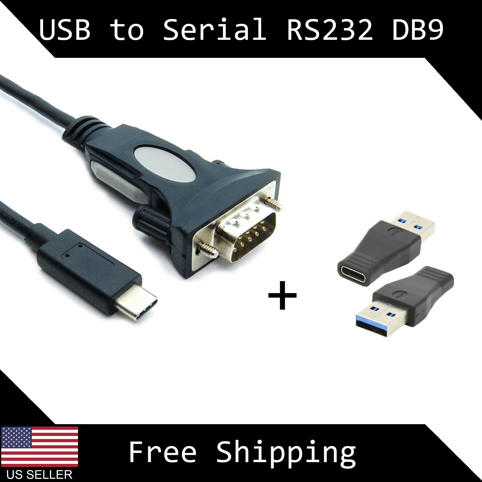 3ft USB 3.0 & USB-C to RS232 Serial Cable Adapter DB9 Male FTDI Chipset Type-C