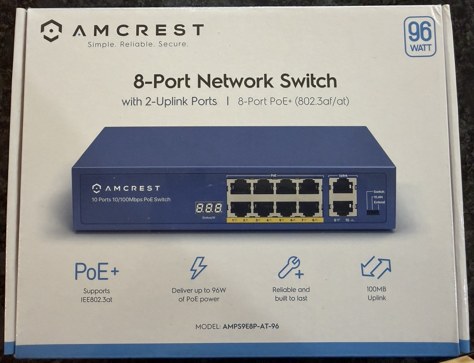 Amcrest AMPS9E8P-AT-96 8-Port PoE+ Switch 2 Uplink 96W Unmanaged 100Mbps