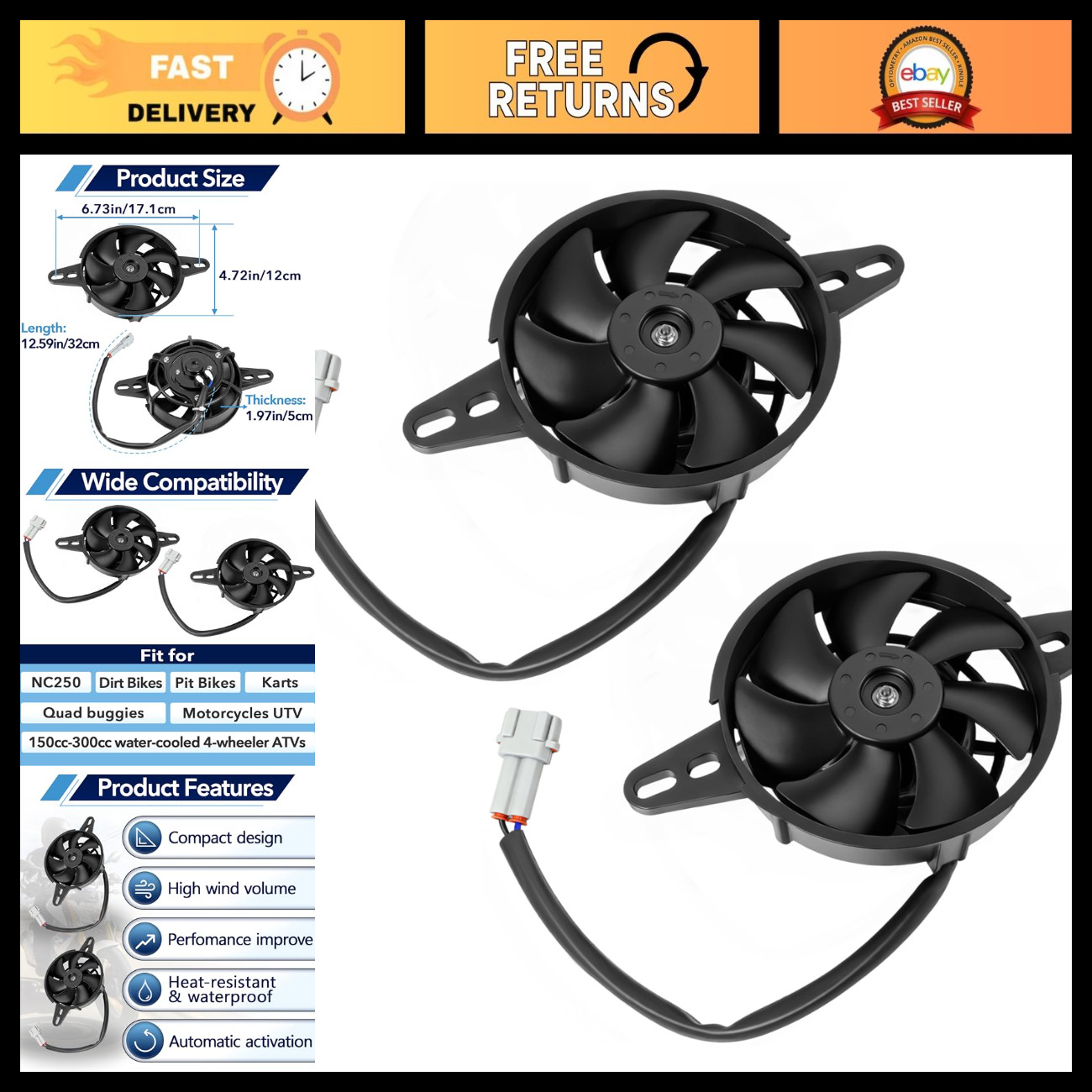 2PCS 12V DC 4" Motorcycle Radiator Cooling Fan, Thermal Fan for ATV & Dirt Bike