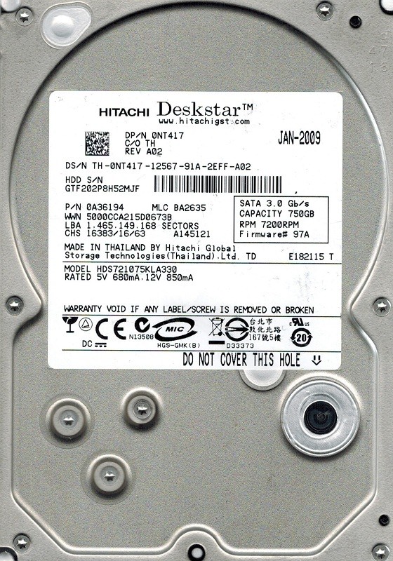 Hitachi HDS721075KLA330 P/N: 0A36194 MLC: BA2635 750GB