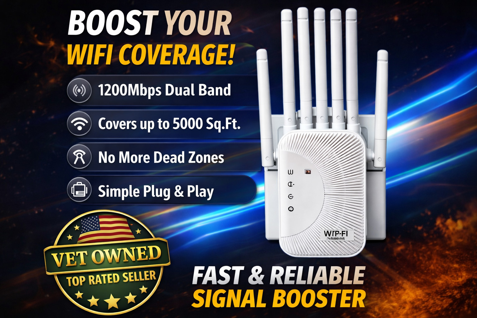 WiFi Extender 1200Mbps WiFi Booster Signal Amplifier w/ Dual Antennas & Ethernet