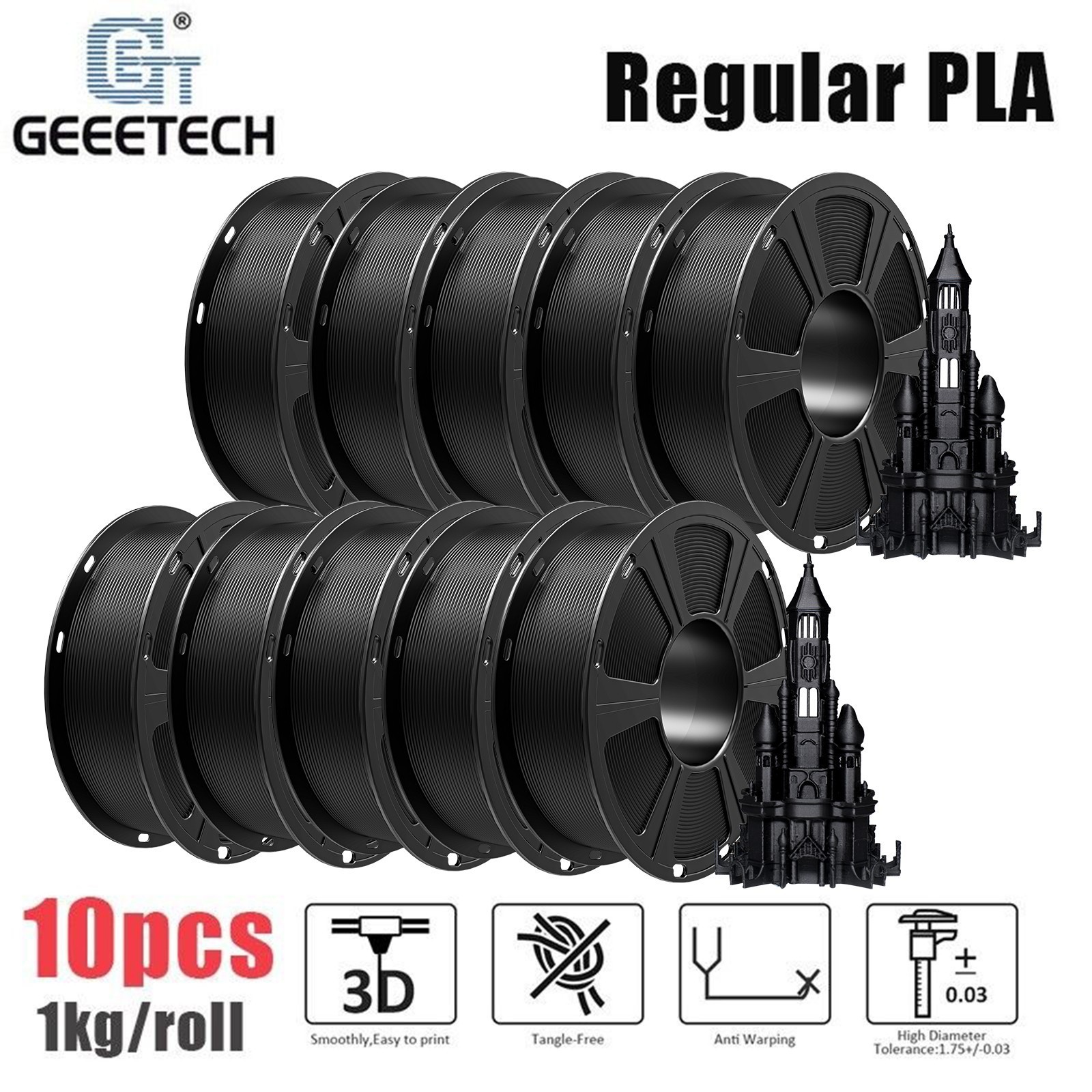 10KG GEEETECH 3D Printer Filament Black PLA 1.75mm 1KG/Roll Regular PLA