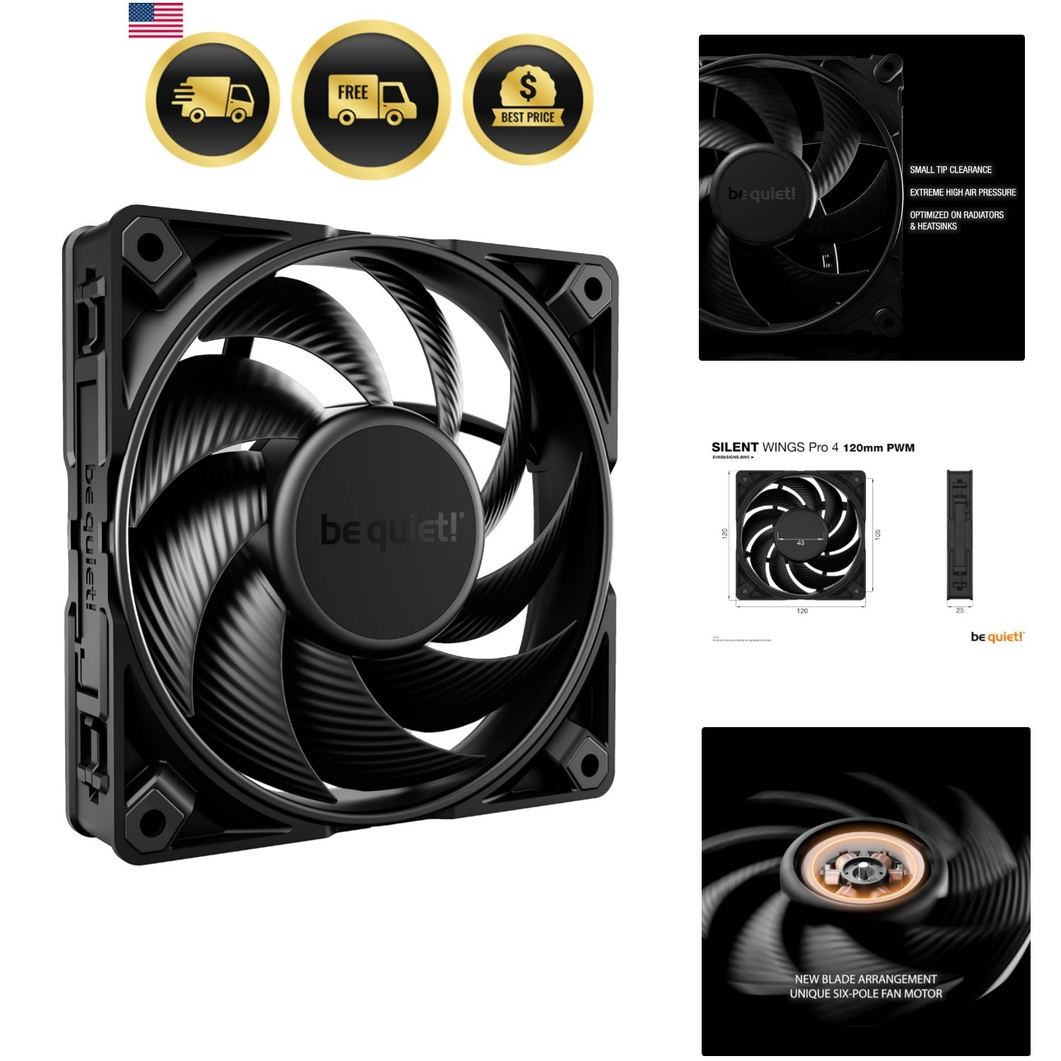 Silent Wings Pro 4 120mm PWM 3000 RPM  Low Noise Cooling Fan | 4-Pin |