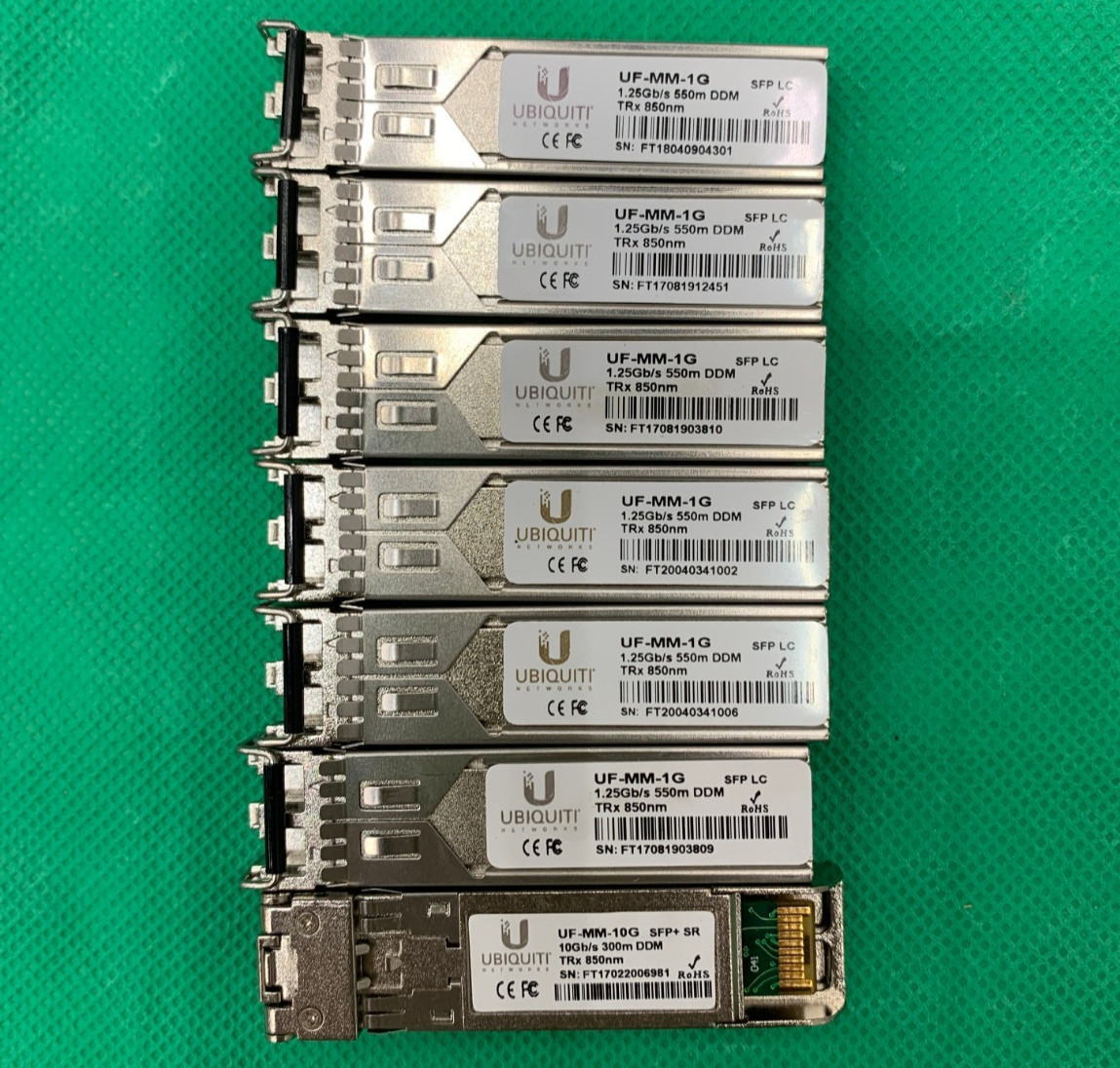 Lot of 7 Ubiquiti UF-MM-1G and UF-MM-10G Transceiver Modules