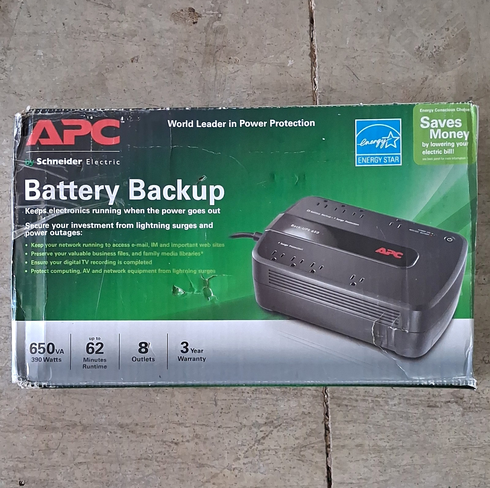 APC BE650G1 UPS Battery Backup 650VA/390W 8-Outlets 340J USB RJ-45