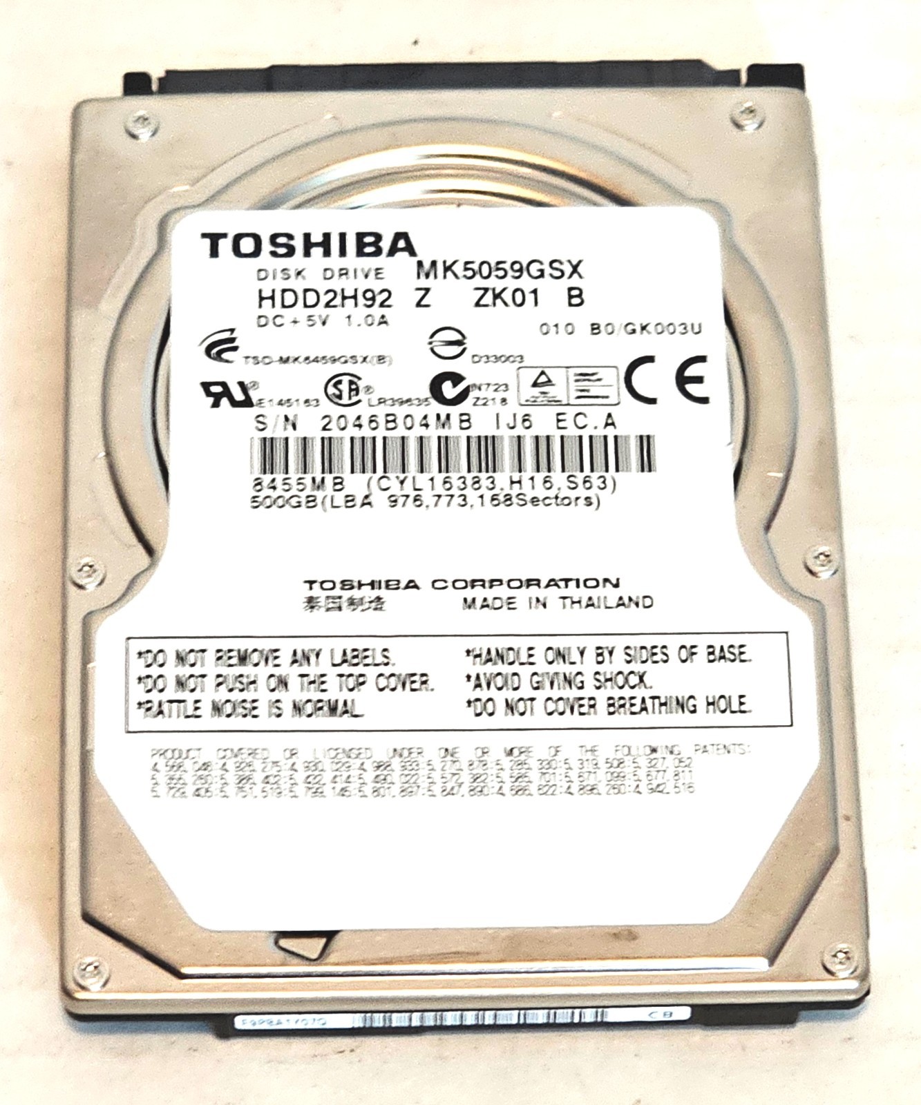 Toshiba MK5059GSX HDD2H92 Z ZK01 B 500GB Sata Hard Drive