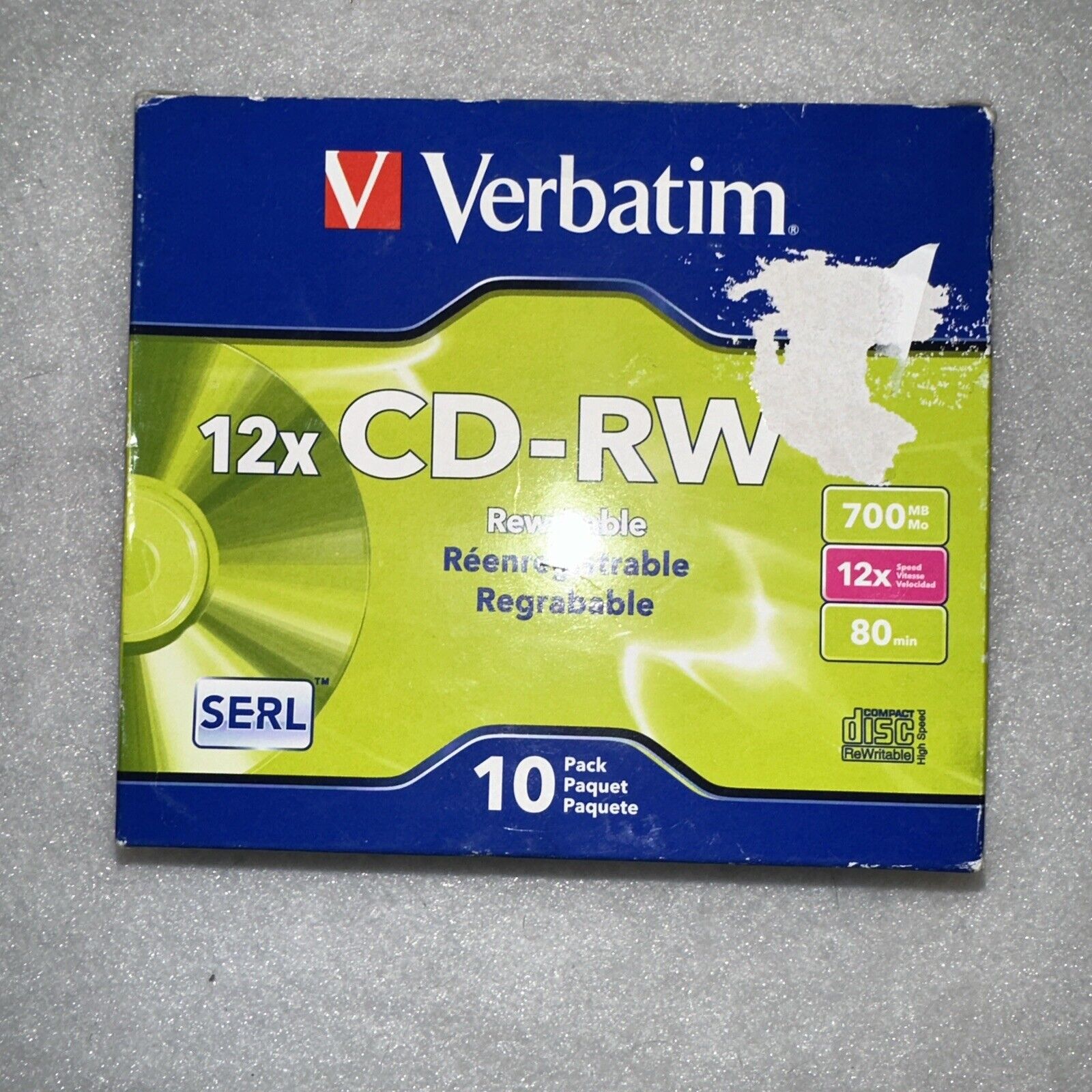 Verbatim CD-RW 700MB 12X High Speed Rewritable 10 Pack, - New Sealed