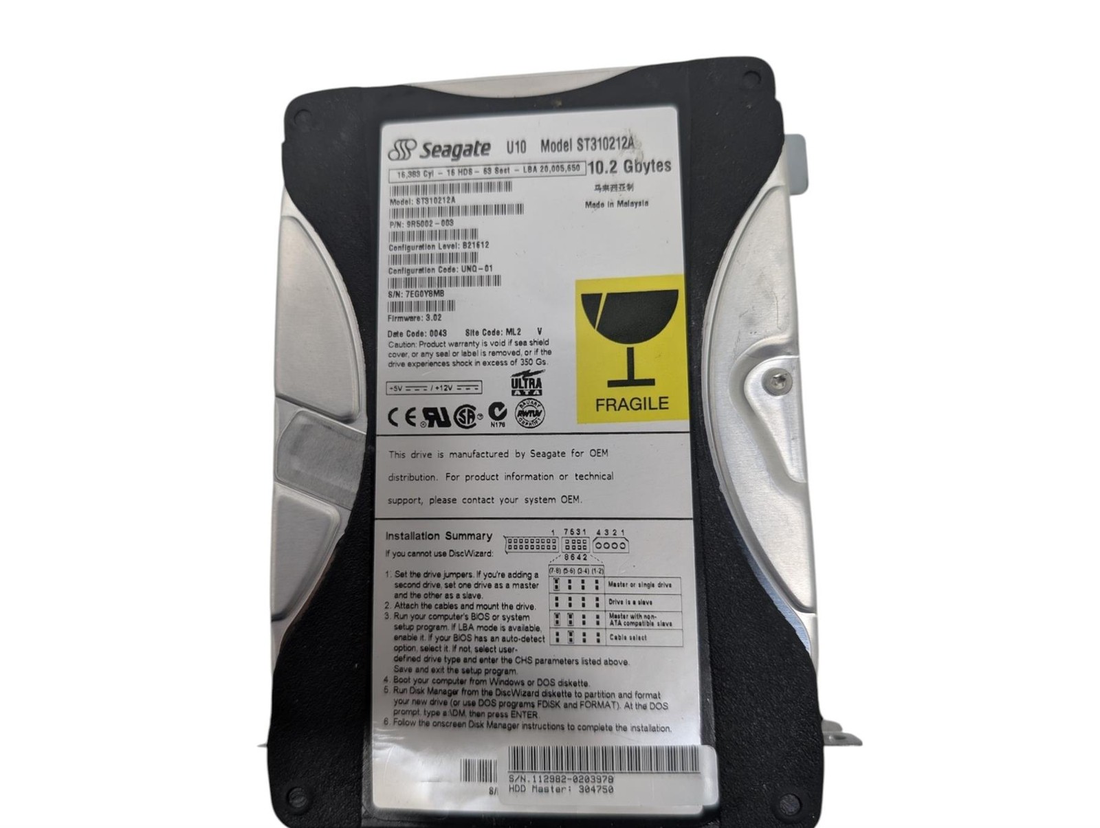 Vintage Seagate U10 Model ST310212A 10GB IDE 3.5" Hard Drive