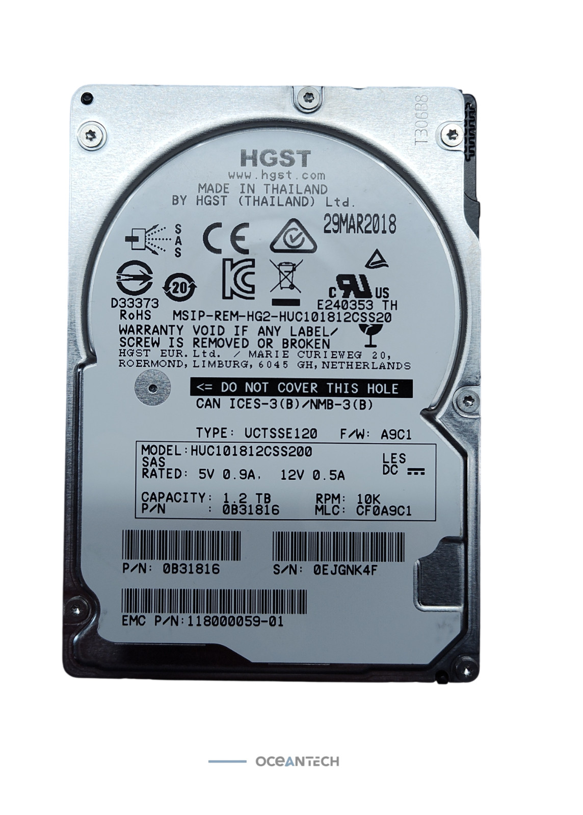 HGST HUC101812CSS200 EMC, 118000059-01, 0B31816,  1.2TB 10K 6G 2.5" SAS HDD